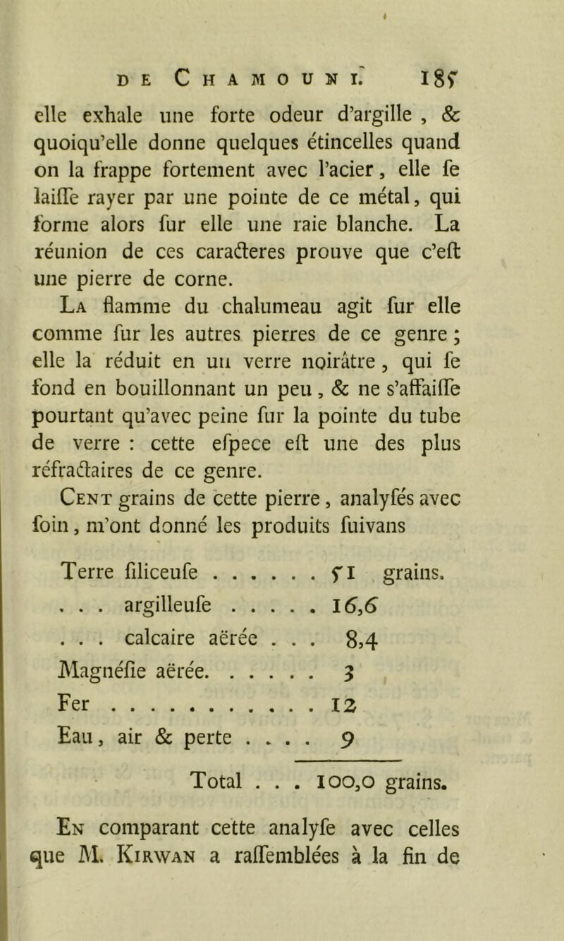 elle exhale une forte odeur d’argille , & quoiqu’elle donne quelques étincelles quand on la frappe fortement avec l’acier, elle fe laiffe rayer par une pointe de ce métal, qui forme alors fur elle une raie blanche. La réunion de ces caraéteres prouve que c’eft une pierre de corne. La flamme du chalumeau agit fur elle comme fur les autres pierres de ce genre ; elle la réduit en un verre noirâtre, qui fe fond en bouillonnant un peu, & ne s’affailfe pourtant qu’avec peine fur la pointe du tube de verre : cette efpece efl; une des plus réfraélaires de ce genre. Cent grains de cette pierre, analyfés avec foin, m’ont donné les produits fuivans Terre filiceufe fl grains. . . . argilleufe ï6y6 . . . calcaire aërée . . . 8,4 Magnéfîe aërée 3 Fer 12 Eau, air & perte .... 9 Total . . . 100,0 grains. En comparant cette analyfe avec celles I que M. Kirwan a ralfemblées à la fin de