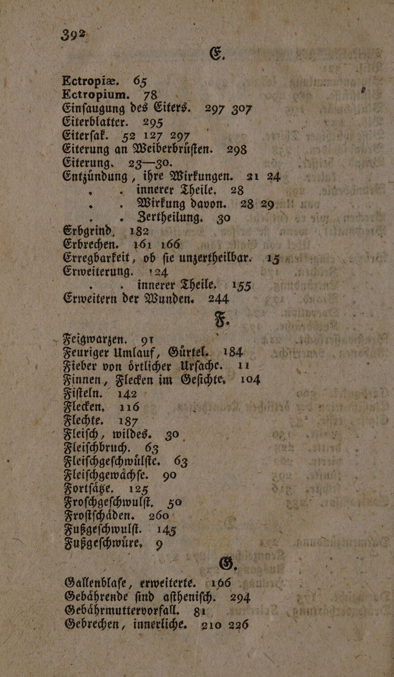 39% Ra \ E. Ectropiæ. 65 Einſaugung des Eiters. 297 307 Eiterblatter. 295 le Eiterſak. 52 127 297 Eiterung. 23—30. Entzuͤndung, ihre Wirkungen. 21 innerer Theile. 28 i 6 Settpeilung: 30 Erbrechen. 161 166 &amp; Erregbarkeit, ob ſie Ae Erweitern der Wunden. 244 F. Feigwarzen. 91 Finnen, Flecken im Geſichte. 104 Fiſtel n. 142 Flechte. 187 Fleiſchbruch. 63 | Fleiſchgeſchwuͤlſte. 63 Sleifhgewächfe. 90 FKortfäge, 123 Froſchgeſchwulſt. 30 Froſtſchaͤden. 260 24