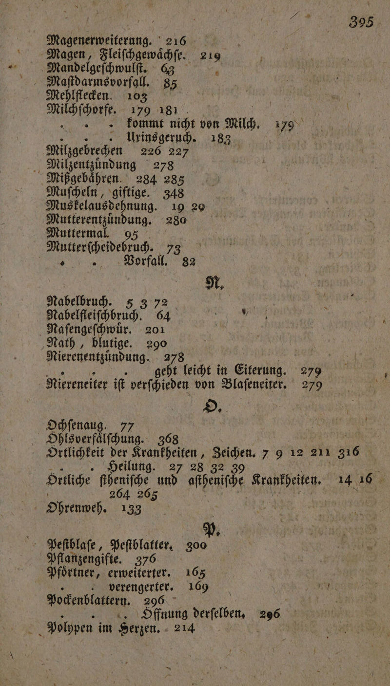 Magenerweiterung. 1 Magen, Fleiſchgewaͤchſe. 219 | Mandelgeſchwulſt. 66 5 Mehlflecken. 103 e ee 179 181 e kommt nicht von Milch. 7 a . . Urinsgeruh. 183 6 1 Milzgebrechen 226 227 Milzentzuͤndung 278 Mißgebähren. 284 285 Muſcheln, giftige. 348 Muskelausdehnung. 19 20 Mutterentzuͤndung. 20 Muttermal. 95 | Ar eee „ n * Vorfall. 82 1 Nabelbruch. 53 72 | Nabelfleiſchbruch. 64 e, en Naſengeſchwuͤr. 201 . Nath , blutige. 290 | ki Nierenentzuͤndung. 278 400 leicht in Eiterung. 279 Niereneiter iſt perfipieden von Blaſeneiter. 279 Ochſenaug. 77 „ Ohlsverfaͤlſchung. 368 A Ortlichkeit der i Beiden 79 12 211 316 Heil 7 = Orliche 5 un wehen Fe 1416 265 x Ohreuweh. 255 | P. Peſtblaſe, Peſtblatter. 300 Pflanzengifte. 376 Pfoͤrtner, erweiterter. 105 | verengerter. 169 Wa Pockenblattern. 296 | 1 Offnung derfelben, 18