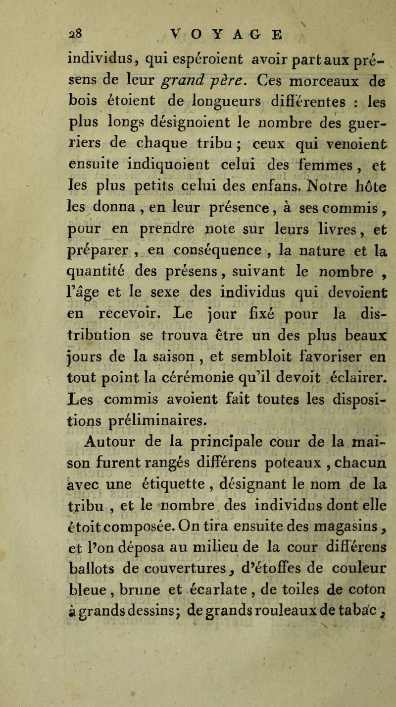 individus, qui espéroient avoir parfcaux pré- sens de leur grand père. Ces morceaux de bois étoient de longueurs diflérentes : les plus longs désignoient le nombre des guer- riers de chaque tribu ; ceux qui venoient ensuite indiquoient celui des femmes, et les plus petits celui des enfahs. Notre hôte les donna , en leur présence, à ses commis , pour en prendre note sur leurs livres, et préparer en conséquence , la nature et la quantité des présens, suivant le nombre , Fâge et le sexe des individus qui dévoient en recevoir. Le jour fixé pour la dis- tribution se trouva être un des plus beaux jours de la saison , et sembloit favoriser en tout point la cérémonie qu’il de voit .éclairer. Les commis avoient fait toutes les disposi- tions préliminaires. Autour de la principale cour de la mai- son furent rangés dilférens poteaux , chacun avec une étiquette, désignant le nom de la tribu , et le nombre. des individus dont elle étoit composée. On tira ensuite des magasins ^ et l’on déposa au milieu de la cour différens ballots de couvertures^ d’étoffes de couleur bleue, brune et écarlate , de toiles de coton à grands dessins ) de grands rouleaux de tabac ^