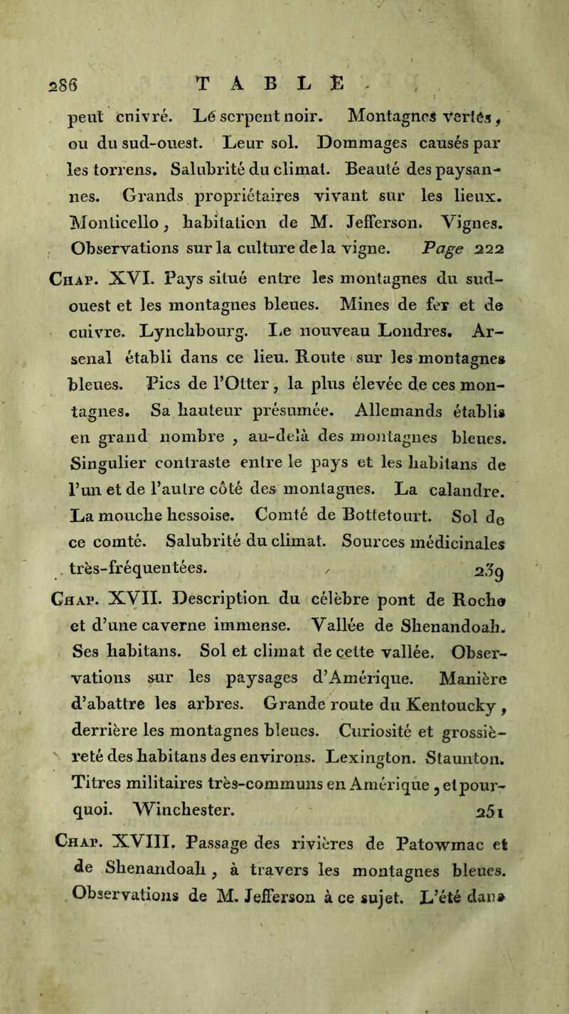 peut cuivré. Lé serpent noir. Montagnes Vertés, ou du sud-ouest. ’ Leur sol. Dommages causés par les torrens. Salubrité du climat. Beauté des paysan- nes. Grands propriétaires vivant sur les lieux. Monticello, habitation de M. JelFerson* Vignes. Observations sur la culture delà vigne. Page 222 Chap. XVI. Pays situé entre les montagnes du sud- ouest et les montagnes bleues. Mines de fer et de cuivre. Lynchbourg. liC nouveau Londres. Ar- senal établi dans ce lieu. Route sur les montagne» bleues. Pics de l’Otter, la plus élevée de ces mon- tagnes. Sa hauteur présumée. Allemands établi» en grand nombre , au-delà des montagnes bleues. Singulier contraste entre le pays et les habitans de l’un et de l’aulre côté des montagnes. La calandre. La mouche hessoise. Comté de Bottetourt. Sol d© ce comté. Salubrité du climat. Sources médicinales . très-fréquentées. . 25g Chap. XVII. Description du célèbre pont de Roche et d’une caverne immense. Vallée de Shenandoah. Ses habitans. Sol et climat de cette vallée. Obser- vations sur les paysages d’Amérique. Manière d’abattre les arbres. Grande route du Kentoucky , derrière les montagnes bleues. Curiosité et grossiè- reté des habitans des environs. Lexington. Staunton. Titres militaires très-communs en Amérique ^elpour- quoi. Winchester. 251 Chap. XVIII. Passage des rivières de Patowmac et de Shenandoah, à travers les montagnes bleues. Observations de M. Jefferson à ce sujet. L’été dan»