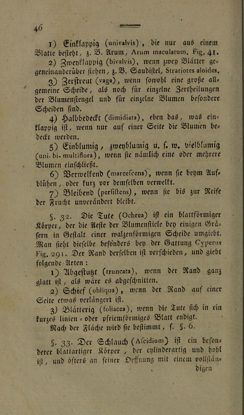 1) (univalvis) , bic tiur 0U6 cincttt Platte befielt, J. 3lruin, Arum maculatum, Fig. 41, 2) 3it»cr)flapptg (bivalvis), »renn sioei; Blatter ge» geneinanberüber fielen, j. ©aubifiel, Strariotes aloides. 3} (vaga), »venu fo»vo^I ein« gro^e all» gemeine ©epeibe, al^ noep für cin5elne Serfbeiiungeti ber 23lumcn(tengel unb für ein5elne Blumen befonberc ©epeiben ftnb. 4) -^albbcbecft (dimidiata), eben ba^, »va^ ein» Happig i(l/ trenn nur ouf einer ©eite bie Slu»nen be* beeft »reiben, 5) ©inblumig, jtrepblumig ü. f. m. bielbfumig (uni-bi-multiflora), trenn fie nduilicp eine ober mehrere 35Iumcn cinfd;lieft. 6) SBerrrelfenb (marcefeens), »renn fie bei^m Sluf« blfipen, ober furj ror bemfelben rertrelFt. 7) iSleibcnb (perfiftens), »renn fie bi^ jur 3?eife ber ^ruept unoerdnbert blcibf. , §. 32. Sie ^ufe (Ochrea) i(F ein blattförmiger Körper, ber bie 2le(le ber S5lumcn(liele bep einigen Örd» fern in @e(lalt einer ma^enförmigen ©epeibe umgiebt. 5!)ian fiept biefelbe befönber^ be»; ber ©attung Cyperus Fig. 291. Ser 9Janb berfelben i|l oerfepieben, unb giebf folgenbe Slrtcn : 1) Tlbgci^ufef (truncata), trenn ber 9{anb ganj glatt i|1 / ali^ mdre abgefd;nitten. 2) ©ebtef (obliqua), »vcnn ber 9Jonb auf einer ©eite efira^ verlängert ifl. 2)) 351dtferig (toliacea), trenn bie Jute (tep in ein fur5eö linien » ober pfriemförmige:^ ^latt enbigt. 9?acp ber gldcpe trirb fie beflimmt, f. §. 6. §. 3.3. ®cr ©cplaucb (Afeidium) i(l ein befon» bercr bla'ttartigcr Körper , ber cplinberartig unb popl ifl, unb öftere an feiner Seffnung mit einem ooUfidn» bigen