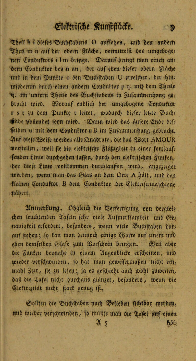 ©effrifcße ÄtitiWööTe. p h 1 O miffe^e«, urib ^e» «nberh '^f)cf{ m n nuf bei* obem vcrmittclfl bc^ um^cbogef 'ttctt (Tonbuftovg i 1 m -bvwgc. 2>ni*auf bringt man einen an« bem ^onbnftor bev) n an, bei* auf eben' biefev obern unb in bem QJunfte o ben 'j&ucl)jlaben U erreicbet, bev bin« wietcriim bureb einen anbevn ^onbuftor p q. iniit bem 'iJ.bcHe am untern ‘5.bcii« 55u^ftaben^ in Snfaminenbnng ge; brnebi wivb. SiBorauf enblid) ber umgebogene Sonbuftör r s t ju bem ‘})unfte t (eitet, mobuvcb biefer (e^te ^ueb« «fabc VcHcnbet fc^n mirb. 'S^ann mirb baö gufereSnbe bef« felbcn u mit bem €onbuftor u B im Süfammen^ang gebrac(>t. ^uf biefc2!ßcife m erben alle 0.uabrate, biebaä S^ort AMOUR »eiftellen, mcil fie bie eleftri{d)e Slü^igfeit in einer fovtlauf; fenöen ümic burebgeben (aflen, bureb ben e(eftiifcben §unfcn, tcr biefe ^inic Dodfommen burcblgnlfen _ mivb, gngejeiget merben, wenn man baö ©lag an bem Orte A halt, unb ben ffeinen i^onbuftor ß bem ^onbuEtor ber Slcftrifirmafcbicne 3(nmerfuttg. Obgfeidb bie $8evfertigung nbn bcrg(ei# ^en Icutbtenben '5;gfcln febr viele ilufmerffainfeit unb nauigteit erfprbert, befpnberf, wenn viele iöucbftabcn bab« auf fteben; fo fan man bennoeb einige Sßorte auf einem mfb eben bemfelben fölafe jum SSorfebein bringen* Sßcll aber bie Sunfen beinahe in einem 2lugcnblicte erfebeinen, mib lieber verfebnJinDen, fo bat man gewifiermgi^en' mebt eilt; mabl Seit/ fie ju lefepi ja t% gefdnebt auch wobi suweilen, ba^ bie iafel nicl;t burebaufi glanjct, befonber$, wenn bie ßiefmjitnt piebt ftart genug ijl^ Rollten bie ^uebftaben nach i9e(ieben fitbt^ai; werben^ etnb wieber verfebwinben, fo mü^te matt Die '^aftl e(ttf finen 2t 5 m