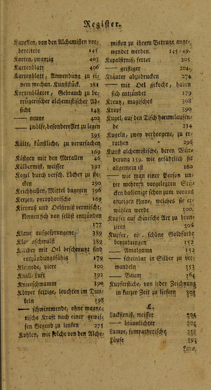 ÄapcHcn/ »on Sflc^cmijftn eor^ bereitete MÜ .harten/ imtiniis 403 .förtcnblatt <^o6 Äartenblattf Stnrocnbiing iu et# nem mec^an. Äünjtftuc!. 381 Ättrrenblatter, ©ebrauc^ ju bc# tri'i9erifc|)er «Ic^emiflift^er 2lb# ftebt '*48 neune 40? iroblfe/befonbere^lrt »u legen 393! Äalte, fünftli^C/ ju »crurfa^cn 169 Äöfigen mit ben «OletaHen 46. Äälbermitl/ rociffet 392 Äcgel butd) »erfc^. £&^ct ju jle# rfen 290 Seicbbuft^n/^Tiittel basegen p6 Äerjen/ pt)ropI)orifd)e 169, Äienruf unb Oelfirnif »ermifd)t, Jbnnenfi^ pon felbft entjunben ‘ ' ' ■ 177 Älaue aufgefprungene, 389 Äl(i’Mifcl)tPWlil 389, iv*vibcr mit öel befc^mu^t jinb entiunbun3öfa()ig ' ' 179 .Ulemobe, Piere  ipo, Än«a#£uft 192 ÄTuecfcI)wamm 39® Äbrper fettige, leu^ten im Sun# fein i9,8 .— fc^tpimmenbe, ebne tttggne#, tif^c Äraft naef) einer gpif# fen ©egenb ju lenfen 27s Äoble«/ Sflct)«/: tttiflen }u »brettt betrüge nngc#, ipenbct tperben. ’ i45m9- ^Dopnlfirnif, fetter 205 geiftiget 204.^ trauter absubrudlen 274 ■r— mit öd gefodbt, bßben ftcb entjünbet 179 Äreub, magifdjeö 308' Äropf 39p Äugel, auf ben Sifcb bditmlaufen# bc 254 jtugeln, jtpep perborgenc, iu er# ratben • 295 Äunft olcbcmijiifcbe, beten ^Mir# berung 159. iPi« geföbiflid; fic allgemein ift 26° — tpie mgn einer IPevfon un# ter mebrerit porgelcgten ©tu^ efen baöicnige fcboit ium porauö atiscigen Ebnne,. iipeld)eö fic er# ipdbien tperbe iop* Äupfer auf ebinefebe 2lrt iu bron# jiren ' 2o5 Tupfer/ eit . .febbne ©olbfarbe . *' bcpjubringen ' ip. —_ Slmaigama 152 -— febeinbar in ©ilber ju Pcp#; tpanbeln ' 35aum^ Äupferjiicbe, pon icber in furjer Seit ju liefern £aclbrnib, meiffet —^ brdunlicbter £ampe/fpmpatbetif^^ £äufe ?5.3, 39^ ^gra,