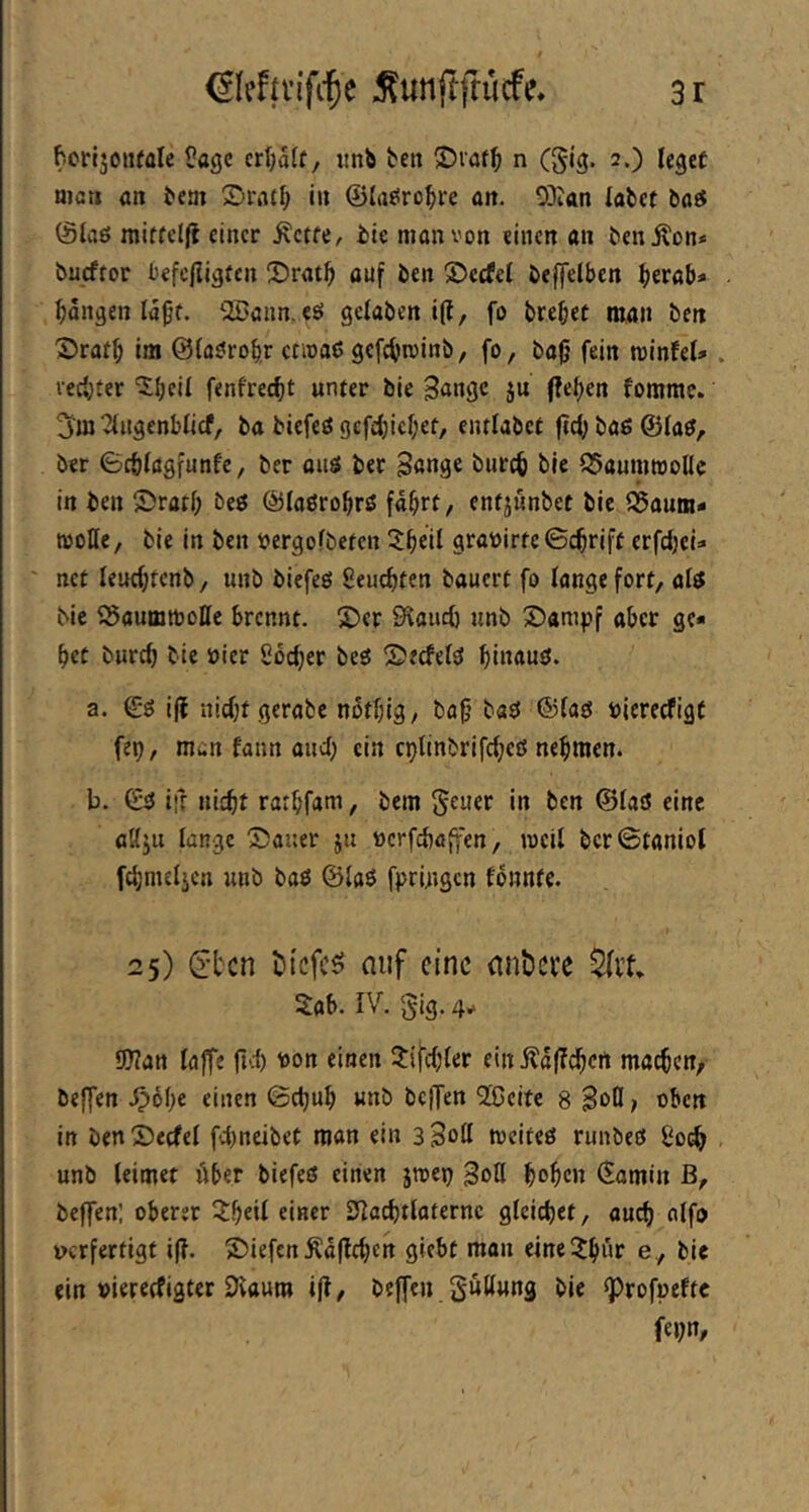 bcrijoiifale üagc n\)h{t, imb beit 2)iaf^ n (gig. 2.) leget mcti ölt bcm Sratf; iit @lii^ro1^i-e an. 03iati labet baS (Slaö mittclfl einer ^etfe, bie man von einen an ben j^on* buefror befc/iigten ^Drat^ auf ben SDccfel beffelben ^erab* fangen Id^t. 2Bann.eö gelaben i(t, fo brebet man ben 55rafb im @la?robr enoaö gefebminb, fo, ba0 fein minfel» . ieci}ter Ibcil fenfree^t unter bie Sauflc ju (?el)en fomme. 3m’^liiäenblicf, ba biefeß gcfc0icl;et, entlabct ftc0 baß ©laß, ber Gcölagfunfe, ber aus ber Sunge bureb bie 55aumroone in ben ©ratl; beß ©laßrobrß fd^rt, entjunbet bie Baum- wolle, bie in ben bergofbeten 50eil grat)irre<Scbrift erfdjeU net Ieucl;tcnb, unb biefeß 8eucbten bauert fo lange fort, alß bie iBaumttoIIe brennt. S)er S^aiicö unb 3)ampf aber ge- bet bureb bie »ter 2dc0er beß SDtefelß fiinauß. a. ©ß i(l nidjt gerabe ndtijig, ba0 baß ©laß öicrecfigf fep, man fann and; ein cplinbrifc^eß nehmen. b. ©ß ifr ni£0t ratbfam, bem geuer in ben ©laß eine allju lange SJauer ju öcrfcböffen, weil bcr@taniol fcbmeljen unb baß ©laß fpringen fonnfe. 25) (rten t)tcfcö auf eine an&cre ^xu 5ab. IV, g-ig. 4^ 9}?an laffe fi'-t t)on einen Jifdjier einÄdffd^crt machen, beffen i?60e einen ©c0ub unb beffen QiOcife 8 ; oben in ben ©ecfel fdineibct man ein 3 Soll weiteß runbeß 2o^ unb leimet über biefeß einen jwep goH bo^cn (Eamin ß, beffen; oberer ^^eil einer Slacbtlaternc gleichet, auefj alfo wrferfigt i(?. ©iefen Äd|lc0en giebt man eine^J^ur e , bie ein »iereefigter Dvaum i|?, beffen SdÖMOS bie ^rofpefte fei;n.