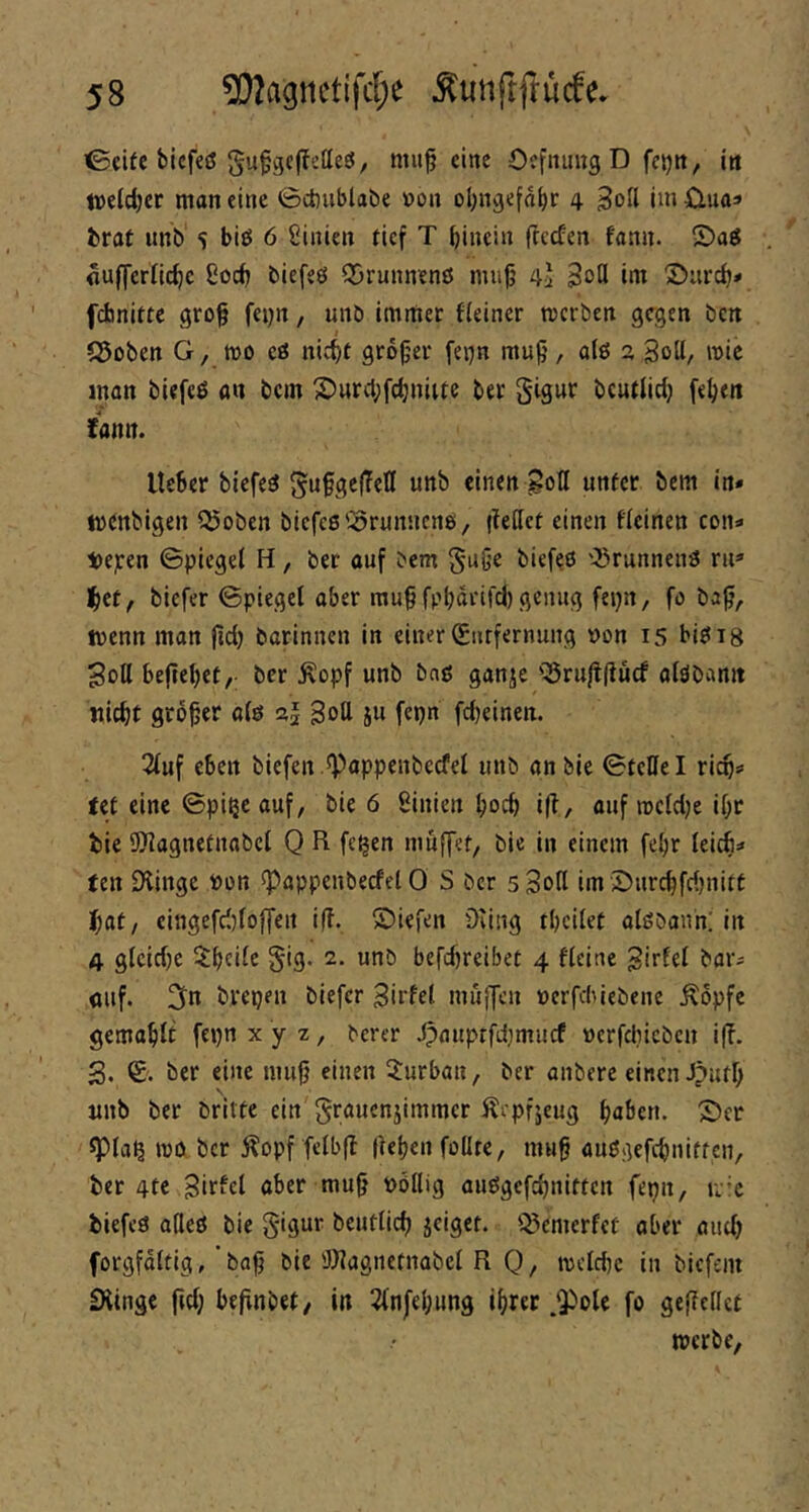 ©eite bicfeß §u§gc|Teßeg, mu^ eine Ocfnintg D fejjtt, in weldjer man eine föchublabe »on oljngefdbr 4 3oU iuiüuas brat imb 5 biß 6 2inien tief T bincin fteefen fann. 2)aö «uffertiebe ßoeb biefeö Q5runnen0 mub 4i Sott im ©ureb* febnitte grob immer {(einer merben gegen ben S5oben G, mo eß nicht grober [ei^n mub, a(ß 2 Soll, roic man biefeß on bem S^urcbfcbniite ber gigur bcutlicb f<be« fann. lieber biefeß gubgeffeH unb einen goH unter bem in» toenbigen QSoben biefeß'^runnenß, ilettet einen {(einen con* l£>e;:en ©piegel H, bet auf bem gäbe biefeß 'iuunnenß ru» ^etf biefer 0pieget aber raub fpbarifd) genug fepn, fo baf, tvenn man jid) barinnen in einer €urfernung non 15 bißi8 Soll beliebet,; ber Äopf unb bnß ganje '^ru|t(iücf a(ßbcmit nicht gröber o(ß Sj Sott ju fepn fd)einen. 2(uf eben biefen .*Pappenbecfe( unb an bie ©teile I rieh:« fet eine ©pi^e auf, bie 6 Siuien hoch i(i, auf rocidje ihr bie iOIagnetnabel Q R fe^en muffet, bie in einem febr (eich=» ten Dringe non *pappenbecfe( 0 S ber 5 Sott im iJurchfrijnitt hat, eingefd)(offeit i(i. ©iefen Oving tbcilet alßbanh; in 4 g(eid)C ^Ibcife gig* 2. unb befdjreibet 4 {(eine Sirfel bor^ auf. 3n brepeu biefer Sirlel muffen ncrfcl>iebene Äöpfc gemablt fepn x y 7, berer Jpauptfd;miicf nerfdiicbcu iff. 3. ©. ber eine mub einen Turban, ber anbere einen Jputb V unb ber brittc ein grauenjimmer Äepfjeug haben. Ser ^(aß »no ber Äopf felbfl (ieben fottte, mub außgefchnitten, bet 4te Sirfel aber mub r)öllig außgefchnitten fepit, nie biefeß atteß bie gigur beutdeh jeiget. ‘^emerfet ober auch forgfdltig, ’bab bie 'JJlagnetnabel R 0/ tneldie in biefent fXinge ftd; befinbet, in ^fnfehung ihrer .Q)ole fo gejiettet tnerbe,