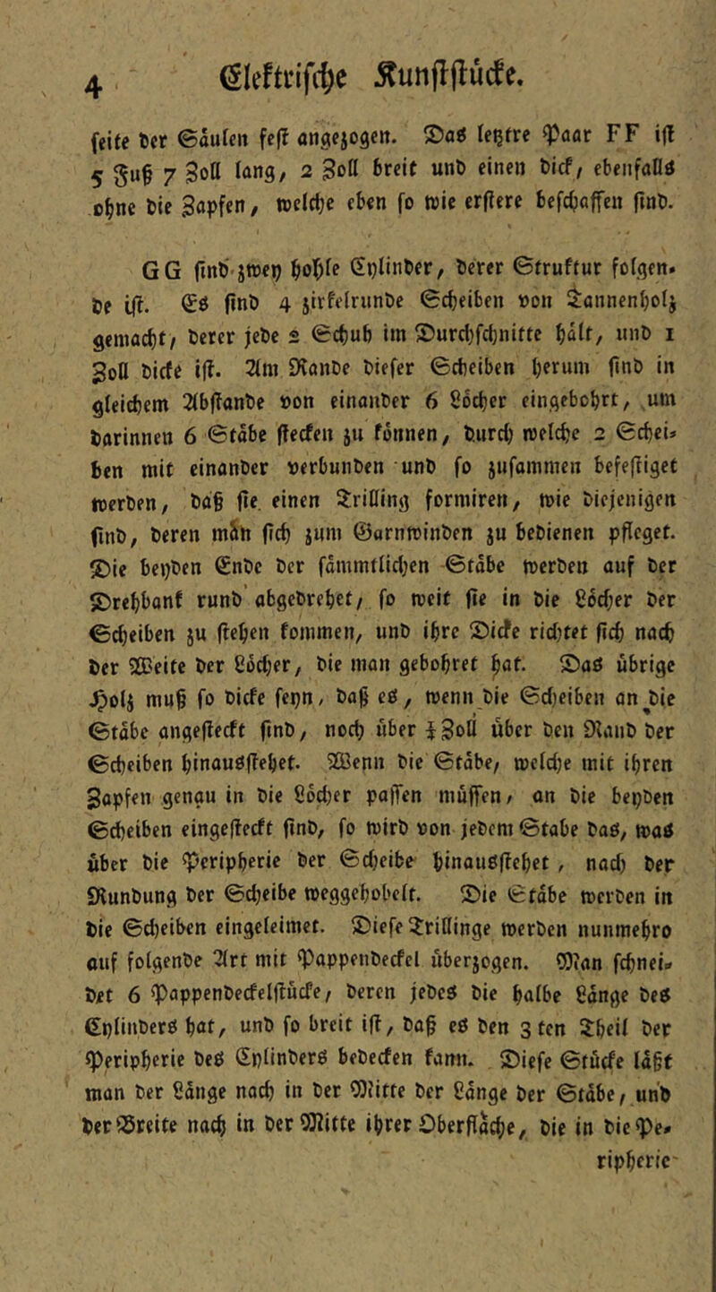 feite itt ©aufcit fc(t angcjogcn. leßtre ^aor FF i|l 5 7 iötig/ 2 Bott breit unt) einen bicf/ ebenfattö c^ne Die Bapfen, ttclctc eben fo wie erfterc befdjaffen ftnt). GG finti jweij ^loT^fe Splinbcr, Derer ©truffur folgen. De ijl. Sö finD 4 jirfelrimDc ©c^eiben »on itöiincnbolj gemad)f/ Derer jeDc s ©eljub im £)urd)fd)nitte f)ält, imD i Bott Dicfe if?. 21m DvonDe Diefer ©cbeiben berum finD in gleichem 21bjTanDe »on einaiiDer 6 Soeber eingebobrt, ,um Darinnen 6 ©fabe ffeefen jii Tonnen, Durch roelcbc 2 ©ebei. ben mit cinonDer »erbmiDen unD fo jufammen befefliget loerDen, Da^ fte. einen itritting formiren, mie Diejenigen ftnD, Deren mSn jlcb ium ©arnminDen ju beDienen pfleget. ®ie bepDen ©nDc Der fämmtlidjen -©tabe toerDen auf Der JDrcbbonf runD* abgcDrebef / fo roeit fie in Die 86d;er Der ©cbeiben ju (teben fommen, unD ihre ®icfc rid}tet ficb nach Der 5a>eite Der ßodjer, Die man gebobret ^at. 2)aö übrige .^olj mu§ fo Dicfe fepn, Da^ eö, menn Die ©djeiben an^Die ©tabe angejieeft finD, noch über iBoti über Den DurnD Der ©cbeiben binauöflebet. 2Benn Die ©tabe/ loeldje mit ihren Bapfen genau in Die Sodjer poffen muffen/ an Die bepDen ©d)eiben eingeflecft flnD, fo mirD non jeDem ©tabe Daö, maö über Die Peripherie Der ©djeibe binaußffrbet, nad) Der SKunDung Der ©cbeibe roeggebobelr. £)ie ©tobe mciDen in Die ©cbeiben cingcleimct. ®iefe IJrittinge werDcn nunmehro auf folgenDe 21rt mit PappenDecfel überjogen. COian febneü Det 6 PappenDecfellfücfe/ Deren jeDeö Die halbe Sange Deö GpIinDerö bat, unD fo breit ift, Da§ eö Den 3 ten Hheil Der Peripherie Deö SplinDerö beDecfen fann. ©iefe ©tücfe lagt man Der Sange nach in Der COiitte Der Sange Der ©tdbc/ unD DerfSreite nach in DerOTitte ihrer Oberfläche, Die in Diepe* ripheric'