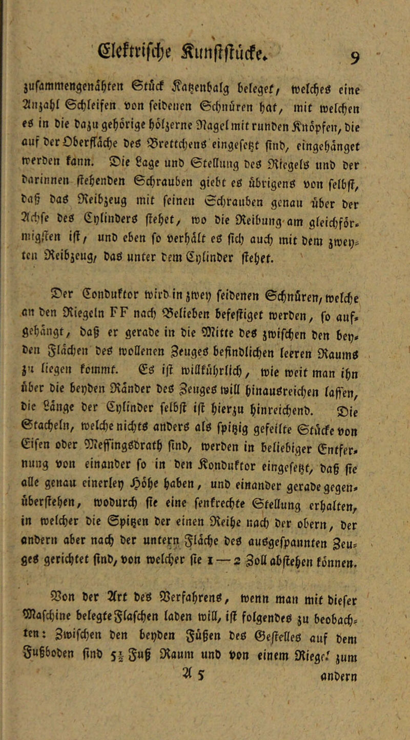 ©cfti’ifrfje ^unflflucfe^ jufammcnsctta^fen ©tucf belebet/ tvclc^eö eine 2(iija(>[ ©c^feifen t»on feiteijcn ©djiturett bat/ mit mefc^fii eg in Die taju gehörige ^oljernc 9?agelmit r^n^fn knöpfen, bic ouf Per OberfTac^e Peö ®rettd)enö cingefc^t ftnP, cingebanget trerPen fann. ©ic Sage unP ©tedinig Peö fRiegeiö imP Per Prtrinnen ffebenPen ©djrauben giebt eet öbrigenö von felbf?, Png Paß iKeibjeug mit feinen ©d)r<Jiiben gcnöii -über Per 3ld’fe Peö SpfinPerö flebet, no Pie Reibung'am gieid;för. miglfen iß/ unP eben fo »erbaft eß fid) aud) mit Pem jmep* teil 9leib5eug/ Paß unter Pem Si}(inPer ßebet. ©er SonPuftor mirPinjmei; feiPenen ©cbnfiretT/mefebe ön Pen Diiegcln FF nadj Meben befeffiget merPen, fo auf» gebangt, Pa§ er gcraPc in Pie OTittc Peß jmifeben Pen bep» Pen gladKii Peß moBenen Seugeß bcftnPlicben feeren Dfaumß in fiegen fommt. €ß i|t miafubrfid), mie meit man ibn Uber Pie bepPen 9\anPer Peß ^eugeß miß binaußreicben fajfen, Pie Sange Per gijfinPer felbß iß bierju binreicbenP. ©je ©tacbefn, h)efcbenid)tß artPerß afß fpi^ig gefeilte ©tücfetJon eifen oPer OJieffingßPratb finP, merPen in befiebiger (Entfer» nung \jon einanPer fo in Pen ^onPuftor eingefe^t, Pa§ Fe oOe genau einerlep ^obe haben, unP einanPer geraPegegen» überleben, woPureb ßt eine fenfreebte ©teOung erhalten, in roefeber Pie ©pißen Per einen Üfeibe uacb Per obern. Per cnPern aber nach Per untern gläcbe Peß außgefpannten 3eu* geß gerichtet fmP/Pon welcher Fe 1 — 2 BoöabFebcn tonnen. 5Bon Per 2(rf Peß QSerfabrenß, wenn man mit Piefer tOfafebine befegfegfafeben faPen wiB, iF fofgenPeß ju beobacb? ten: Swifeben Pen bepPen gü§en Peß @eßeüe$ auf Pem S«§boPen FnP 51 guf Dlaum unP pon einem ÜticQc! jum ^ S unPern