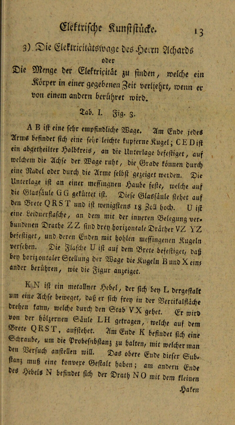 bcö^cvrii 5(c^flrt)ö über 25ic g)?fnsc tet Sreftridfat ftti&en, tveld)e ein i\ürper in einer gegebenen ^eit öer(|e§rt, menn er ton einem onbern berühret wirb* 2ab. I. gig. 3. A B ift eine fef)r cnipfinMicbe aßöge, 2fm (Bnt)e jem 2rrm0 begn&et gcb eine f<-i;r leichte tupferne^ugel; CEDiß ein abgctbeilter ^olbfreiö, an ble Unterlage befefliget, auf wcicbcm öle Mfe Der 2üage rubt, t)ie^@rat)e fonnen pureb eine 9?a0e( ober burcij bie Time felbß ge^elget tnerben. 3)ie Unterlage i|l on einer meffingnen ^aube fcf?e, inclcbe auf bie ©loefaule GG gefutfc.f i|T. ©jefc ©laöfaule (icbet auf ben Q5rete QRST unb iß wenigßeng ig boeb. U eine beibnerflafcbe, an bem mit ber inneren Belegung ver. bunbenen 3)ratbe ZZ rinbbrepborijonfaleSratberVZ YZ befefüget, unb bereu gnben mit boblen meffingenen Äugeln »erfeben. 5>ic Slafdje U i|? auf bem qSrete befeffiget, ba§ bep borijonffller©teaung ber 2ßage bie Äugeln B unb X ein? anber berühren, mie bie gigur anjeigef. K N iß ein meiner ^ebel, ber fich bep L bergef?alc «m e,„e beweget, bag er ßd) frep in ber 93ertifalflacbe brehen fann, tnelcbe burdj ben ©tab VX gebet, mirb ZJnplT' n^elcbe auf bem ©«raube, um Sie <Probefu6(i<ini ju Salten, mit reeftSerman ta. Werfud, «nlJeaen luig. ®n3 obere gnbe bitfer ©ub. »es Xjebels N befinbet |iiS ber ®rarS NO mit bem fleium •^ttfen