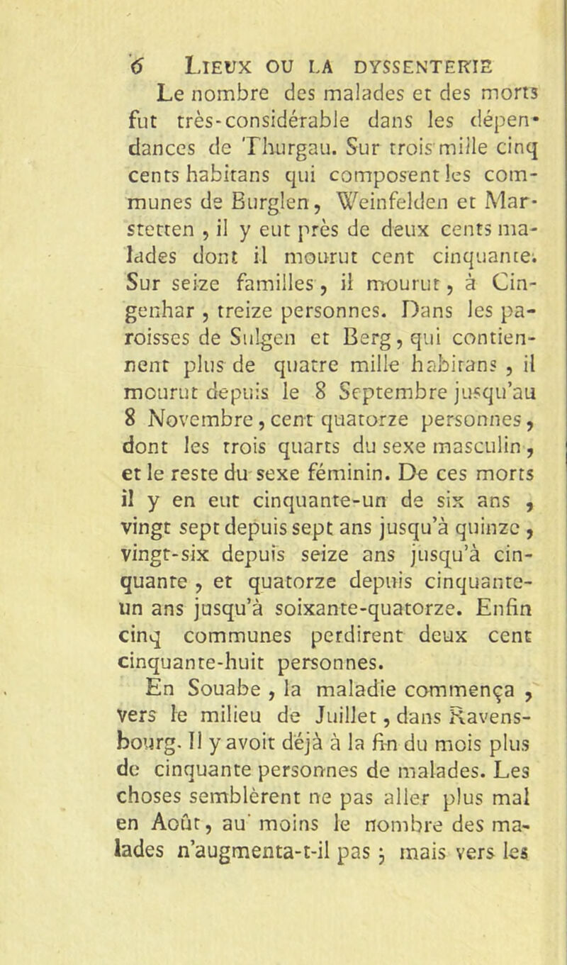 Le nombre des malades er des morts fut très-considérable dans les dépen- dances de Thurgau. Sur trois'mille cinq cents habitans qui composent les com- munes de Burglen, Weinfelden et Mar- stetten , il y eut près de deux cents ma- lades dont il mourut cent cinquancei Sur seize familles, il mourut, à Cin- genhar , treize personnes. Dans les pa- roisses de Siilgen et Berg, qui contien- nent plus de quatre mille habitans , il mourut depuis le 8 Septembre jusqu’au 8 Novembre, cent quatorze personnes, dont les trois quarts du sexe masculin , et le reste du sexe féminin. De ces morts il y en eut cinquante-un de six ans , vingt sept depuis sept ans jusqu’à quinze , vingt-six depuis seize ans jusqu’à cin- quante , et quatorze depuis cinquante- un ans jusqu’à soixante-quatorze. Enfin cinq communes perdirent deux cent cinquante-huit personnes. En Souabe , la maladie commença , vers le milieu de Juillet, dans Ravens- bourg. Il y avoir déjà à la fin du mois plus de cinquante personnes de malades. Les choses semblèrent ne pas aller plus mal en Août, au' moins le nombre des ma- lades n’augmenta-t-il pas ^ mais vers les