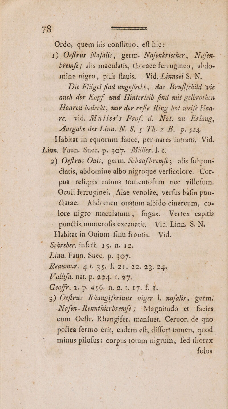 Ordo, quem his conflituo, eft hic: 1) Ocffrus Nofalir, germ. Nafenkrieher, Nafen- biem[e; alis maculatis, thorace ferrugineo, abdo- mine nigro, pilis flauis. | Vid. Linnaei S. N. Die Flüsel find ungeflecht , dar Brufl/child wie auth der Kopf und Hinterleib find mit gelbvothen Haaren bedeckt, mur der ev/le. Ring hot weife Haa- ve. vid. Müller s Prof. d. Not. zu Erlang, Zusgabe des Linn. N. S. $ Th. 2 B. p. gzq Habitat in equorum fauce, per nares intrans, Vid. Linum. Vaun. Suec. p. 307. Miiller. l. c. 2) Oeffrus Ouis, germ. Schaaf brem[e s alis fubpun- &amp;latis, abdomine albo nigroque verficolore. Cor- pus reliquis minus tomentofum nec villofum. Oculi ferruginei. Alae venofae, verfus bafin pun- ctatae. Abdomen ouatum albido cinereum, co- lore nigro maculatum , fugax. Vertex capitis . punclis.numerofis excauatis; Vid. Linn. S. N. Habitat in Ouium finu frontis, Vid. Schreber. infect, 15. n. 12. Linn, Faun, Suec. pP. 307. Reaumur./ 4 t. 55. 5. 21. 22. 23. 24- V'alíifn. nat. p. 224. t. 27. | | Geoffr. 2. p. 456. n. 2. t. 17. É. 1. 3) Ozfrus. Rhangiferinus miger |l. mafalir, germ. ANaftn - Reunthierbrem[? ; | Magnitudo et facies cum Oeflr. Rhangifer. manfuet. Ceruor. de quo poftea fermo erit, eadem eft, differt tamen, quod xw cA HUS pilofus; Corpus totum nigrum, fed thorax folus
