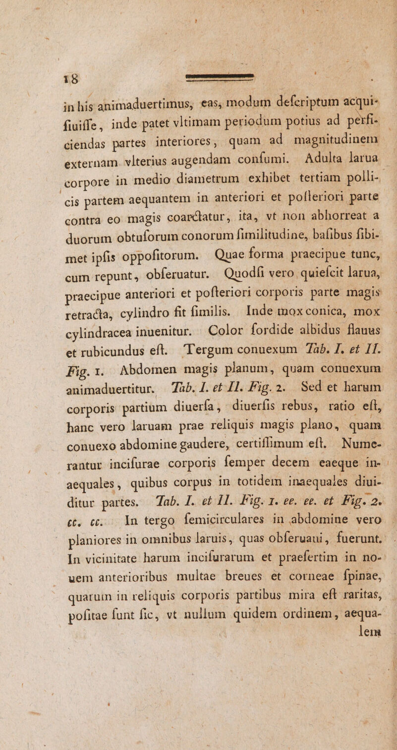 inhis animaduertimus, eas; modum defcriptum acqui- fiuiffe, inde patet vltimam periodum potius ad perfi- ciendas partes interiores, quam ad magnitudinem cis partem aequantem in anteriori et pofleriori parte contra eo magis coarclatur, ita, vt non abhorreat a duorum obtuforum conorum fimilitudine, bafibus fibi- met ipfis oppofitorum. — Quae forma praecipue tunc, retracta, cylindro fit fimilis. Inde mox conica, mox cylindracea inuenitur. ' Color fordide albidus flauus et rubicundus eft. 'ergum conuexum 7àb. I. et 1I. Fig.i. Abdomen magis planum, quam conuexum animaduertitur. | Tab. I. et I1. Fig.2. Sed et harum corporis partium diuerfa, diueríis rebus, ratio eft, conuexo abdomine gaudere, certiffimum eft. Nume- rantur incifurae corporis femper decem eaeque in- ditur partes. — Tab. I. e£ 11. Fig. 1. ee. ec. et Fig. 2. t. 6. in tergo femicirculares in abdomine vero In vicinitate harum incifurarum et praefertim in no- uem anterioribus multae breues et corneae fpinae, quarum in reliquis corporis partibus mira eft raritas, pofitae funt fic, vt nullum quidem ordinem, aequa- lem