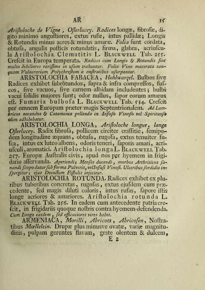 AR ?f Arijloloche de Vigne y OJlerlucey. Radices longae, fibroFai, di- gito minimo angufliores, extus rufie, intus pallidas; Longis & Rotundis minus acres & minus amarae. Folia funt cordata, obtufa, angulis pollicis rotundatis, firma, glabra, acriufcu- la Ariftolochia. Clematitis L. Blackwell Tab. 2ff. Crefcit in Europa temperata. Radices cum Longis & Rotundis fint multo debiliores rarijjime in ufum trahuntur. Folia Vino macerata tan- quam Vulnerarium Polychrejlum a nojlratibus ufurpantur. ARISTOLOCHIA FABACEA, Hohlwur{d. Bulbos five Radices exhibet fubrotundos, fupra & infra compreffos, fuf- cos, five vacuos, five carnem albidam includentes; bulbi vacui folidis majores funt; odor nullus, fapor eorum amarus eft. Fumaria bulbofa L. Blackwell Tab. n4* Crefcit fier omnem Europam praster magis Septentrionalem. Ad Lum- ricos necandos & Catamenia pellenda in Infufo Vinofo vel Spirituo/9 olim adhibebatur. ARISTOLOCHIA LONGA, Arijloloche longue, langt OJlerlucey. Radix fibrofa, pollicem circiter craffitie, femipe- dem longitudine aequans, obtufa, rugofa, extus tenuiter fu- fca, intus ex luteo albens, odoris teneri, faporis amari, acri- ufculi,aromatici. Arillolochia longaL. Blackwell Tab. 257. Europae Auffcralis civis, apud nos ppr hyemem in frigi- dario affervanda. Aperiendii Menfes ducendi j morbos Arthriticos fa- nandi fcopo daturfub forma Pulveris} vellnfufi Vinofi. Ulceribus fordidis in- [pergitur i ejus Decoclum Fiflulis injicitur. ARISTOLOCHIA ROTUNDA. Radices exhibet ex plu- ribus tuberibus concretas, rugofas, extus ejufdem cum prae- cedente, fed magis diluti coloris, intus rufas, fapore iflis longe acriores & amariores. Ariftolochia rotunda L. Blackwell Tab. 2f6. In eadem cum antecedente patria cre- fcit , in frigidariis quoque noftris contra hyemem defendenda. Cum Longa easdem y fed efficaciores vires habet. ARMENIACA, Morilli, Abricots , Abricofen, Noflra- tibus Mcellelein. Drupae plus minusve ovatae, variae magnitu- dinis, pulpam gerentes flavam, grate olentem & dulcem, E 2-