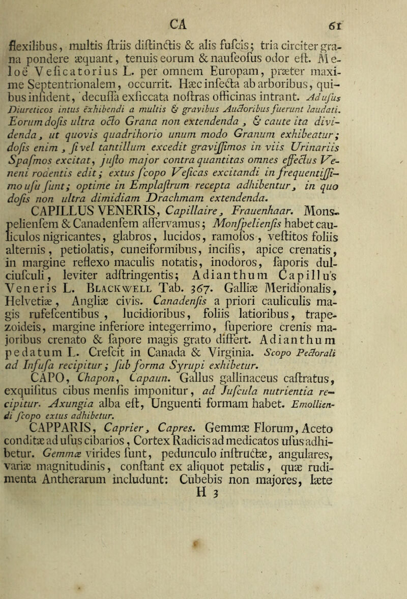 flexilibus, multis ftriis diffindis & alis fufcis; tria circiter gra- na pondere aequant, tenuis eorum & naufeofus odor eft. M e- loe VeficatoriusL. per omnem Europam, praeter maxi- me Septentrionalem, occurrit. Haecinfeda ab arboribus, qui- bus infident, 'decufla exficcata noftras officinas intrant. Adufus Diureticos intus exhibendi a multis & gravibus Aucloribus fuerunt laudati. Eorum dofis ultra ocio Grana non extendenda , & caute ita divi- denda , ut quovis quadrihorio unum modo Granum exhibeatur; dofis enim 3 fi vel tantillum excedit gravijjimos in viis Urinariis Spafmos excitat, jujlo major contra quantitas omnes ejfeclus Ue- neni rodentis edit; extus [copo Ueficas excitandi in frequentijji- moufu funt; optime in Emplajlrum recepta adhibentur3 in quo dofis non ultra dimidiam Drachmam extendenda. CAPILLUS VENERIS, Capillaire, Frauenhaar. Mons- J)elienfem & Canadenfem aflervamus; Monfpelienfis habet cau- iculos nigricantes, glabros, lucidos, ramofos , veftitos foliis alternis , petiolatis, cuneiformibus, incifis, apice crenatis, in margine reflexo maculis notatis, inodoros, laporis dul- ciufculi, leviter adftringentis; Adianthum Capi 11 u’s Veneris L. Blackwell Tab. 367. Galliae Meridionalis, Helvetiae , Angliae civis. Canadenfis a priori cauliculis ma- gis rufefcentibus , lucidioribus, foliis latioribus, trape- zoideis, margine inferiore integerrimo, fuperiore crenis ma- joribus crenato & fapore magis grato differt. Adianthum pedatum L. Crefcit in Canada & Virginia. Scopo Peclorali ad Infufa recipitur ; fub forma Syrupi exhibetur. CAPO, Chapon, Lapaun. Gallus gallinaceus caftratus, exquilitus cibus menfis imponitur, ad Jufcula nutrientia re- cipitur. Axungia alba efl, Unguenti formam habet. Emollien- di fcopo extus adhibetur. CAPPARIS, Caprier, Capres. Gemmae Florum, Aceto conditae ad ufus cibarios, Cortex Radicis ad medicatos ufus adhi- betur. Gemmee virides funt, pedunculo inftrudae, angulares, variae magnitudinis, conflant ex aliquot petalis, quae rudi- menta Antherarum includunt: Cubebis non majores, laete