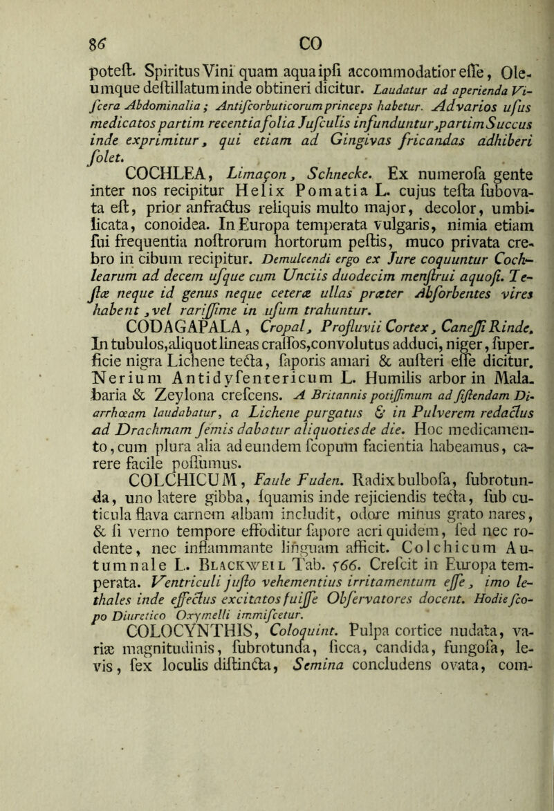 poteft. Spiritus Vini quam aqua ipfi accommodatior efle, Ole- Ullique deftillatum inde obtineri dicitur. Laudatur ad aperienda Vi- fcera Abdominalia ; Antifcorbuticorum princeps habetur. u4d varios ufus medicatos partim recentia folia Jufcutis infunduntur partim Succus inde exprimitur t qui etiam ad Gingivas fricandas adhiberi folet. COCHLEA, Limacon, Schnecke. Ex numerofa gente inter nos recipitur Helix P ornati a L. cujus tefta fubova- ta eft, prior anffadus reliquis multo major, decolor, umbi- licata, conoidea. In Europa temperata vulgaris, nimia etiam fui frequentia noftrorum hortorum peftis, muco privata cre- bro in cibum recipitur. Demulcendi ergo ex Jure coquuntur Coch- learum ad decem ufque cum Unciis duodecim menflrui aquofi. Te- jlce neque id genus neque cetcrce ullas prceter Abforbentes vires habent 3 vel rariffme in ufum trahuntur. CODA GAP ALA, Cropal, Profluvii Cortex , CaneJJi Rindc. In tubulos,aliquot lineas craifos,convolutus adduci, niger, fuper. ficie nigra Lichene teda, faporis amari & aulleri efle dicitur. Nerium Antidyfentericum L. Humilis arbor in Mala. Laria & Zeylona crefcens. A Britannis potijfimum ad fifiendam Di- arrhoeam laudabatur, a Lichene purgatus & in Pulverem redactus ad Drachmam Jemis dabatur aliquoties de die. Hoc medicamen- to, cum plura alia ad eundem fcopum facientia habeamus, ca- rere facile pofliimus. COLCHICUM, Faule Fuden. Radixbulbofa, fubrotun- da, uno latere gibba, Iquamis inde rejiciendis teda, fub cu- ticula flava carnem-albam includit, odore minus grato nares, & li verno tempore effoditur fapore acri quidem, fed nec ro- dente, nec inflammante linguam afficit. Colchicum Au- tumnale L,. Blackweil Tab. f66. Crefcit in Europa tem- perata. Ventriculi juflo vehementius irritamentum ejfe , imo le- thales inde ejfectus excitatos fuijfe Obfervatores docent. Hodiefco- po Diuretico Oxymelli immifeetur. COLOCYNTHIS, Coloquint. Pulpa cortice nudata, va- rice magnitudinis, fubrotunda, ficca, candida, fungofa, le- vis, fex loculis diftinda, Semina concludens ovata, com-