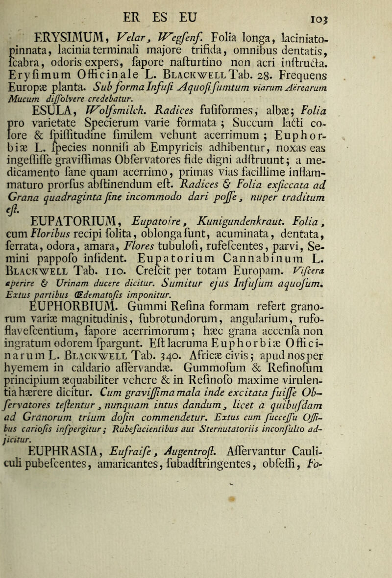 ER ES EU 105 ERYSIMUM, Velar, ITegfenf. Folia longa, Liciniato- pinnata, lacinia terminali majore trifida, omnibus dentatis, fcabra, odoris expers, fapore nafturtino non acri inftruda. Eryfimum Officinale L. BLACKWELLTab. 28* Frequens Europae planta. Sub formalnfufi Aquofifumtum viarum Aerearum Mucum dijfolvere credebatur. ESULA, Wolfsmilch. Radices fufiformes, albae; Folia pro varietate Specierum varie formata ; Succum ladi co- lore & Ipiffitudine fimilem vehunt acerrimum ; Euphor- biae L. ipecies nonnifi ab Empyricis adhibentur, noxas eas ingeflifle graviflimas Obfervatores fide digni adftruunt; a me- dicamento fane quam acerrimo, primas vias facillime inflam- maturo prorfus abftinendum eft. Radices & Folia exficcata ad Grana quadraginta fine incommodo dari pojfe 3 nuper traditum 'fi EUPATORIUM, Eupatoire j Kunigundenkraut. Folia , eum Floribus recipi folita, oblonga funt, acuminata, dentata, ferrata, odora, amara, Flores tubulofi, rufefcentes, parvi, Se- mini pappofo infident. Eupatorium Cannabinum L. BLACKWELLTab. 110. Crefcit per totam Europam. Vifcera. aperire & Urinam ducere dicitur. Sumitur ejus Infujum a quojum, Extus partibus GEdematoJis imponitur. EUPHORBIUM. Gummi Refina formam refert grano- rum variae magnitudinis, fubrotundorum, angularium, rufo- flavefcentium, fapore acerrimorum; haec grana accenla non ingratum odorem fpargunt. Eft lacruma Euphorbiae Offici- narum L. Blackwell Tab. 340. Africae civis; apudnosper hyemem in caldario aflervandae. Gummofum & Refinofum principium aequabiliter vehere & in Refinofo maxime virulen- tia haerere dicitur. Cum gravijjima mala inde excitata fuijfe Ob- ferratores tejlentur 3 nunquam intus dandum licet a quibufdam ad Granorum trium dofin commendetur. Extus cum fuccejfu OJfi- bus cariofis infpergitur; Rubefacientibus aut Sternutatoriis inconfulto ad- jicitur. EUPHRASIA, Eufraife, Jugentrojl. Ailervantur Cauli- culi pubefcentes, amaricantes, fubadftringentes, obfefii, Fo-