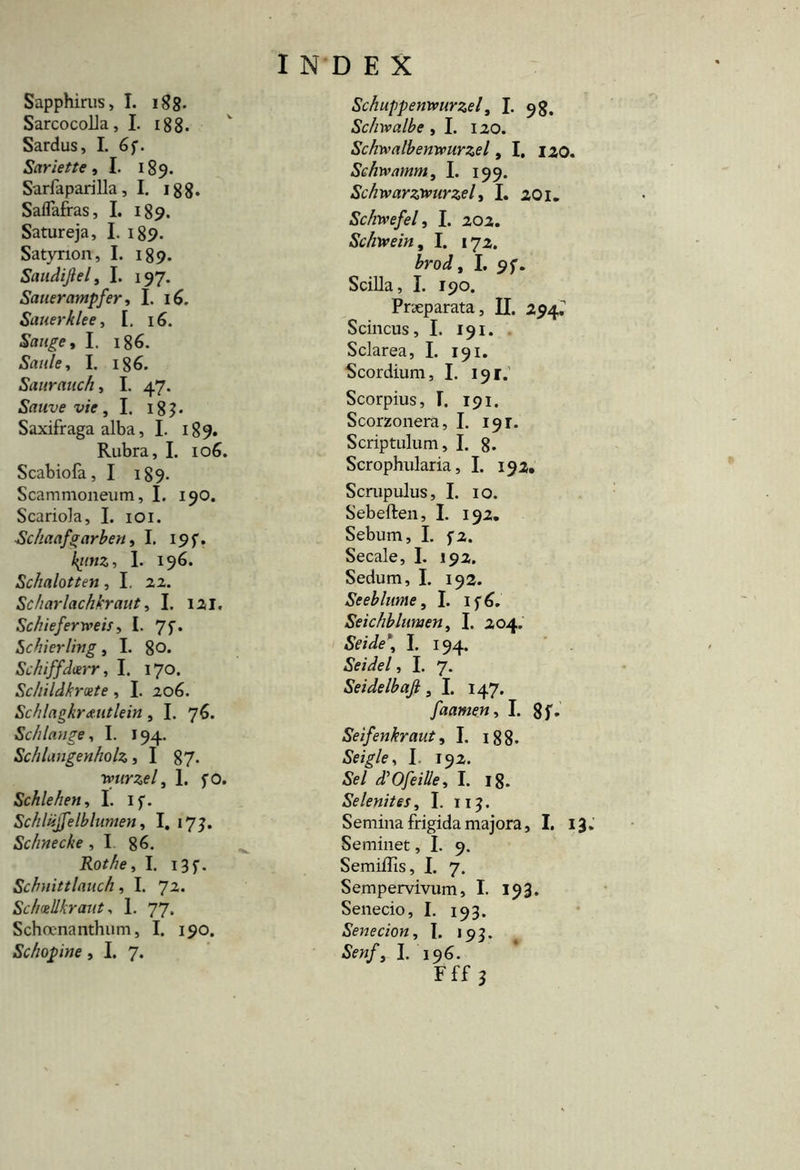 Sapphirus, I. igg. Sarcocoha, I. 188. Sardus, I. 6f. Sariette, I. 189. Sarfaparilla, I. 188. Saflafras, I. 189. Satureja, I. 189. Satyrion, I. 189. Saudijiel, I. 197. Sanerampfer, I. 16. Sanerklee, I, 16. Sange, I. 186. Sanie, I. 186. Sanranch, I. 47. SVrave w ,1. 18 3. Saxifraga alba, I. 189. Rubra, I. 106. Scabiofa, I 189. Scammoneum, I. 190. Scariola, I. 101. Schaafgarben, I. 195. k^inz, I. 196. Schalotten, I. 22. Scharlachkraut, I. 121. Schieferiveis, I. 7f* Schierling, I. 80» Sc/iiffdcerr, I. 170. Sc/lildkrxte , I. 206. Schlagkr<tiitlein, I. 76. Schlange, I. 194. Schlangenholz, I 87- rvurzel, 1. fO. Schlehen, I. if. Schliffelblumen, I. 17}. Schneche , I 86. Rot/ie, I. 13 f. Schnittlanch, I. 72. Sc/ioellkrant, 1. 77. Schoenanthum, I. 190. Schopine, I. 7. Schuppemvnrzel, I. 98. Sc/nvalbe , I. 120. Schwalbemvurzel, I, 120. Schwamm, I. 199. Schwarztvurzel, I. 201. Scfrwefel, I. 202. Schwein, I. 172. I, 9f. Scilla, I. 190. Praeparata, II. 294. Scincus, I. 191. Sclarea, I. 191. Scordium, I. 191.' Scorpius, I. 191. Scorzonera, I. 191. Scriptulum, I. 8» Scrophularia, I. 192. Scrupulus, I. 10. Sebeften, I. 192. Sebum, I. f2. Secale, I. 192. Sedum, I. 192. Seeblime, I. if6. Seichblumen, I. 204. Seide\ I. 194. Seidel, I. 7. Seidelbajl, I. 147. faamen, I. 8f» Seifenkraut, I. 188. Seigle^ I 192. Se/ d^Ofeille^ I. 18. Selenii es, I. 113. Semina frigida majora, I. 13 Seminet, I. 9. Semiilis, I. 7. Sempervivum, I. 193. Senecio, I. 193. Senecion, I. 193. &«/, I. 196. Fff 3