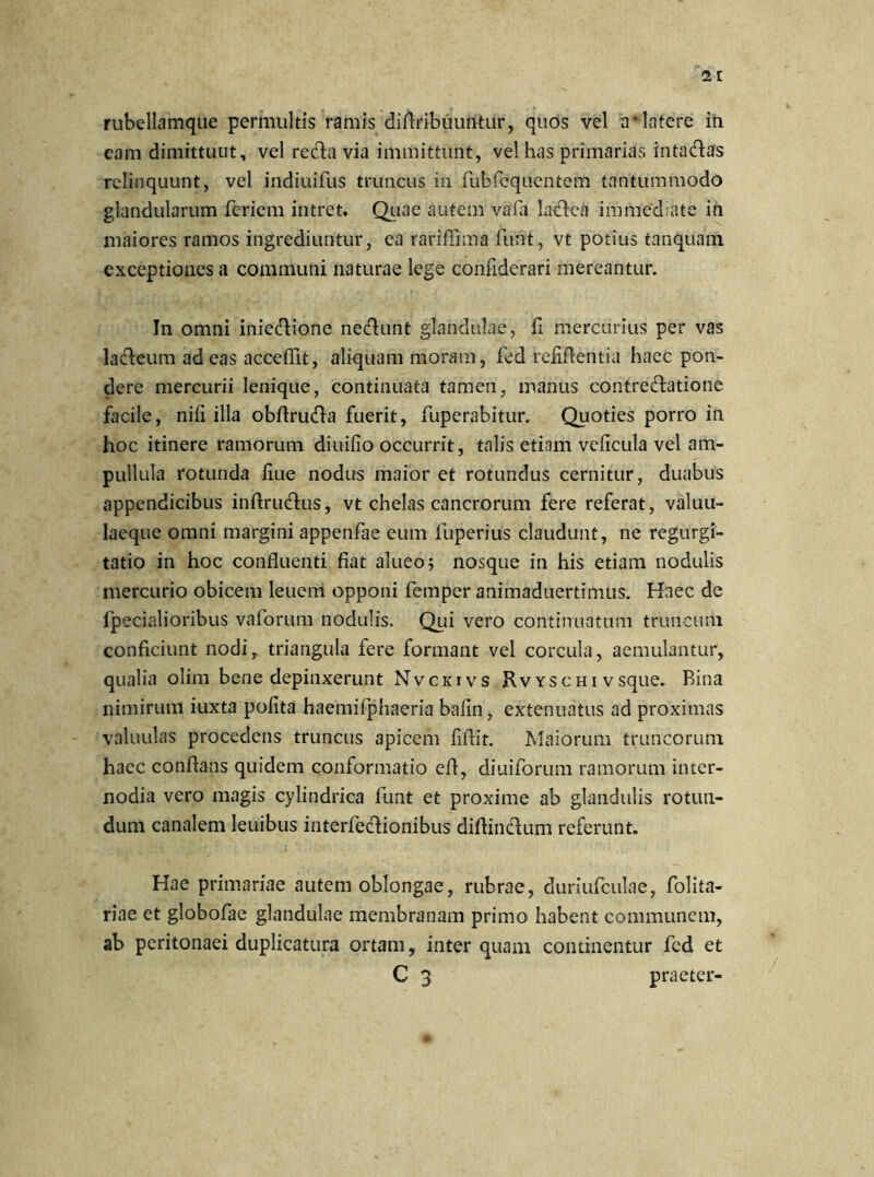 2t rubellamque permultis ramis diflribuuntur, quos vel a*latere in eam dimittunt, vel recta via immittunt, vel has primarias inta&as relinquunt, vel indiuifus truncus in rubrequentem tantummodo glandularum feriem intret, Quae autem vafa lactea immediate in maiores ramos ingrediuntur, ea rariflima ftint, vt potius tanquam exceptiones a communi naturae lege confiderari mereantur. In omni iniccftione neftunt glandulae, fi mercurius per vas lacteum ad eas accefiit, aliquam moram, fed refigentia haec pon- dere mercurii lenique, continuata tamen, manus contredtatione facile, nili illa obftrudta fuerit, fuperabitur. Quoties porro in hoc itinere ramorum diuilio occurrit, talis etiam veficula vel am- pullula rotunda liue nodus maior et rotundus cernitur, duabus appendicibus inftrudtus, vt chelas cancrorum fere referat, valuu- laeque omni margini appenfae eum fuperius claudunt, ne regurgi- tatio in hoc confluenti fiat alueo; nosque in his etiam nodulis mercurio obicem leuerri opponi femper animaduertimus. Haec de fpecialioribus vaforum nodulis. Qui vero continuatum truncum conficiunt nodi, triangula fere formant vel corcula, aemulantur, qualia olim bene depinxerunt Nvckivs Rvyschi vsque. Bina nimirum iuxta polita haemifphaeria balin, extenuatus ad proximas valuulas procedens truncus apicem liflit. Maiorum truncorum haec conflans quidem conformatio efi, diuiforum ramorum inter- nodia vero magis cylindrica funt et proxime ab glandulis rotun- dum canalem leuibus interfectionibus difiinctum referunt. Hae primariae autem oblongae, rubrae, duriufculae, folita- riae et globofae glandulae membranam primo habent communem, ab peritonaei duplicatura ortam, inter quam continentur fed et C 3 praeter-