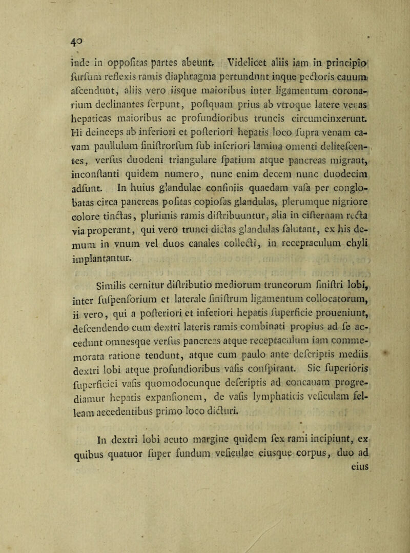 inde in oppofitas partes abeunt. Videlicet aliis iam in principio fiirfum reflexis ramis diaphragma pertundunt inque pedoris cauum afcendunt, aliis vero iisque maioribus inter ligamentum corona- rium declinantes ferpunt, poftquam prius ab vtroque latere venas hepaticas maioribus ac profundioribus truncis circumcinxerunt. Hi deinceps ab inferiori et pofteriori hepatis loco fupra venam ca- vam paullulum finiftrorfum fub inferiori lamina omenti dditefcen- tes, verfus duodeni triangulare fpatium atque pancreas migrant, inconftanti quidem numero, nunc enim decem nunc duodecim adfunt. In huius glandulae confiniis quaedam vafa per conglo- batas circa pancreas pofitas copiofas glandulas, plerumque nigriore colore tindas, plurimis ramis difiribuuntur, alia in cifiernam reda via properant, qui vero trunci didas glandulas falutant, ex his de- mum in vnutn vel duos canales collcdi, in receptaculum chyli implantantur. Similis cernitur difiributio mediorum truncorum finifiri lobi, inter fufpenforium et laterale finifirum ligamentum collocatorum, ii vero, qui a pofieriori et inferiori hepatis fuperficie proueniunt, defeendendo cum dextri lateris ramis combinati propius ad fe ac- cedunt omnesque verfus pancreas atque receptaculum iam comme- morata ratione tendunt, atque cum paulo ante deferiptis mediis dextri lobi atque profundioribus vafis confpirant. Sic fuperioris fupcrficiei vafis quomodocunque deferiptis ad concauam progre- diamur hepatis expanfionem, de vafis lymphaticis veficulam fel- leam accedentibus primo loco diduri. In dextri lobi acuto margine quidem fex rami incipiunt, ex quibus quatuor fuper fundum veficulae eiusque corpus, duo ad eius