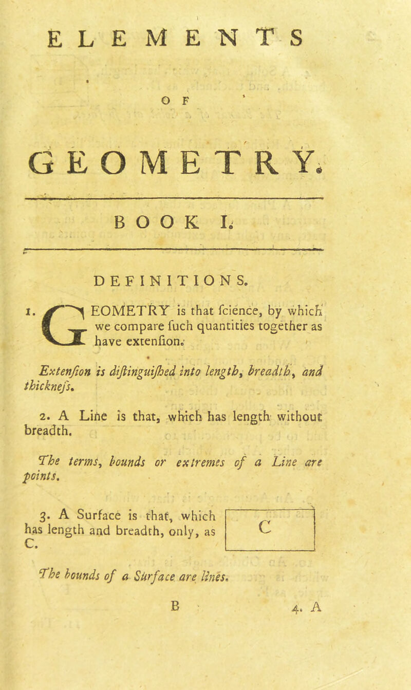 elements GEOMETRY. BOOK li DEFINITIONS. x. EOMETRY is that fcience, by which S we compare fucn quantities together as V. J have extenfion6 Extenfion is diftinguifhed into lengthy breadth, and thicknefs. 2. A Lihe is that, which has length without breadth. The terms, bounds or extremes of a Line are points. 3. A Surface is that, which has length and breadth, only, as C. The bounds of a Surface are lines.
