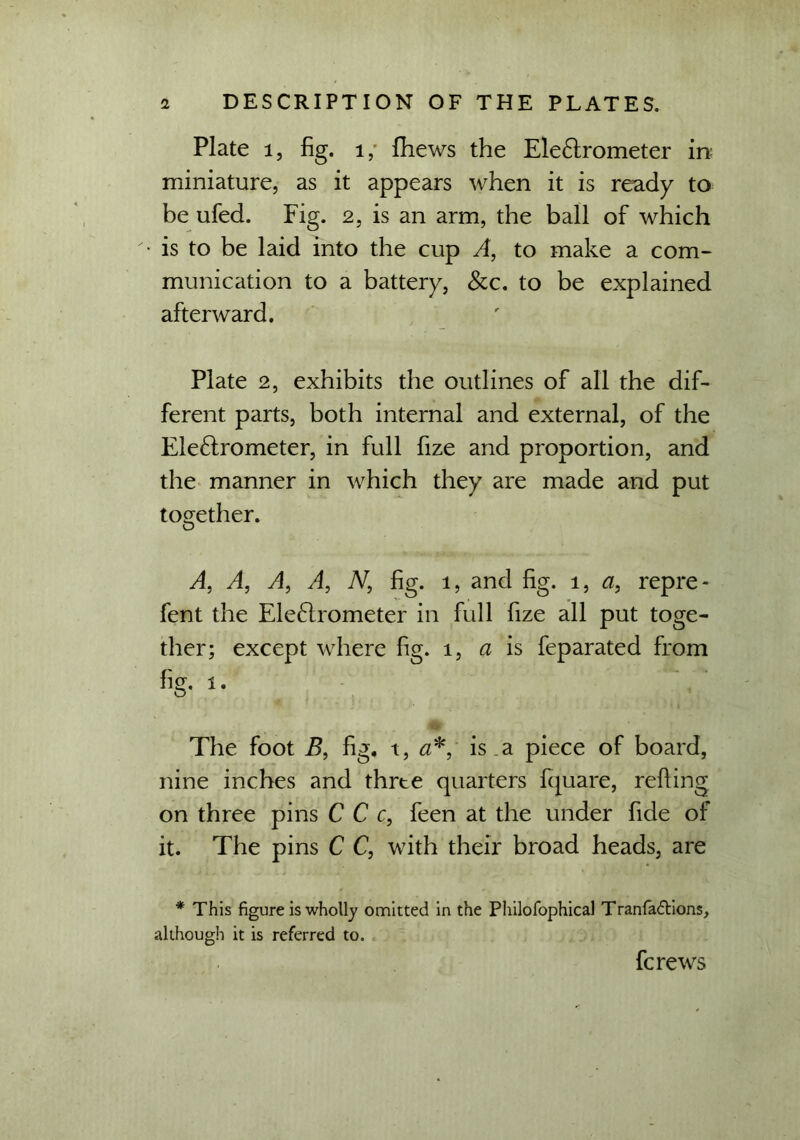 Plate 1, fig. l, (hews the Ele6lrometer in: miniature, as it appears when it is ready to be ufed. Fig. 2, is an arm, the ball of which is to be laid into the cup A, to make a com- munication to a battery, &c. to be explained afterward. Plate 2, exhibits the outlines of all the dif- ferent parts, both internal and external, of the Ele6lrometer, in full fize and proportion, and the manner in which they are made and put together. A, A, A, A, N, fig. i, and fig. i, a, repre- fent the Ele£lrometer in full fize all put toge- ther; except where fig. l, a is feparated from %. i. The foot B, fig. t, a*, is a piece of board, nine inches and thrte quarters fquare, refting on three pins C C c, feen at the under fide of it. The pins C C, with their broad heads, are * This figure is wholly omitted in the Philofophical Tranfadtions, although it is referred to. fcrews