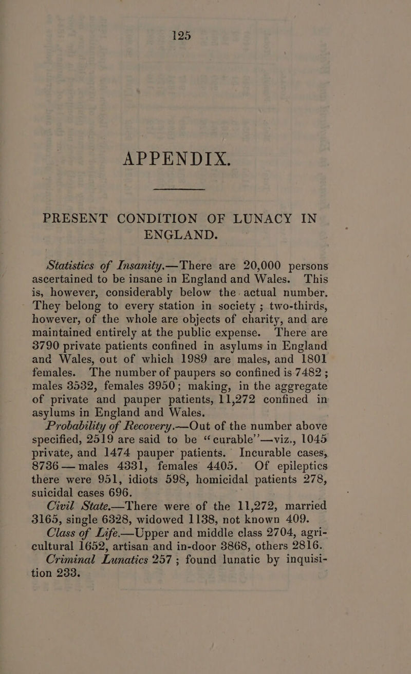 APPENDIX. PRESENT CONDITION OF LUNACY IN ENGLAND. Statistics of Insanityx—There are 20,000 persons ascertained to be insane in England and Wales. This is, however, considerably below the. actual number. They belong to every station in society ; two-thirds, however, of the whole are objects of charity, and are maintained entirely at the public expense. There are 3790 private patients confined in asylums in England and Wales, out of which 1989 are males, and 1801 females. The number of paupers so confined is 7482 ; males 3532, females 3950; making, in the aggregate of private and pauper patients, 11,272 confined in asylums in England and Wales. ) Probability of Recovery.—Out of the number above specified, 2519 are said to be “curable’’—viz., 1045 private, and 1474 pauper patients. Incurable cases, 8736 — males 4331, females 4405. Of epileptics there were 951, idiots 598, homicidal patients 278, suicidal cases 696. Civil State——There were of the 11,272, married 3165, single 6328, widowed 1138, not known 409. Class of Life-—Upper and middle class 2704, agri- cultural 1652, artisan and in-door 3868, others 2816. Criminal Lunatics 257 ; found lunatic by inquisi- tion 233. |