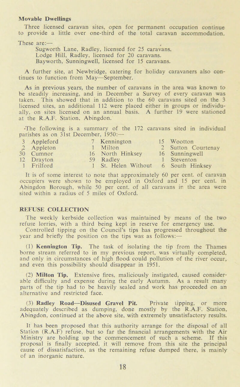 Movable Dwellings Three licensed caravan sites, open for permanent occupation continue to provide a little over one-third of the total caravan accommodation. These are:— Sugworth Lane, Radley, licensed for 25 caravans. Lodge Hill, Radley, licensed for 20 caravans. Bay worth, Sunningwell, licensed for 15 caravans. A further site, at Newbridge, catering for holiday caravaners also con- tinues to function from May—September. As in previous years, the number of caravans in the area was known to be steadily increasing, and in December a Survey of every caravan was taken. This showed that in addition to the 60 caravans sited on the 3 licensed sites, an additional 112 were placed either in groups or individu- ally, on sites licensed on an annual basis. A further 19 were stationed at the R.A.F. Station, Abingdon. •The following is a summary of the 172 caravans sited in individual parishes as on 31st December, 1950:—• 3 Appleford 7 Kennington 15 Wootton £ Appleton 1 Milton Sutton Courtenay 30 Cumnor 16 North Hinksey 16 Sunningwell 12 Drayton 59 Radley 1 Steventon 1 Frilford 1 St. Helen Without 6 South Hinksey It is of some interest to note that approximately 60 per cent, of caravan occupiers were shown to be employed in Oxford and 15 per cent, in Abingdon Borough, while 50 per cent, of all caravans in the area were sited within a radius of 5 miles of Oxford. REFUSE COLLECTION The weekly kerbside collection was maintained by means of the two refuse lorries, with a third being kept in reserve for emergency use. Controlled tipping on the Council’s tips has progressed throughout the year and briefly the position on the tips was as follows:— (1) Kennington Tip. The task of isolating the tip from the Thames borne stream referred to in my previous report, was virtually completed, and only in circumstances of high flood could pollution of the river occur, and even this possibility should disappear in 1951. (2) Milton Tip. Extensive fires, maliciously instigated, caused consider- able difficulty and expense during the early Autumn. As a result many parts of the tip had to be heavily sealed and work has proceeded on an alternative and restricted face. (3) Radley Road—Disused Gravel Pit. Private lipping, or more adequately described as dumping, done mostly by the R.A.F. Station, Abingdon, continued at the above site, with extremely unsatisfactory results. It has been proposed that this authority arrange for the disposal of all Station (R.A.F) refuse, but so far the financial arrangements with the Air Ministry are holding up the commencement of such a scheme. If this proposal is finally accepted, it will remove from this site the principal cause of dissatisfaction, as the remaining refuse dumped there, is mainly of an inorganic nature.