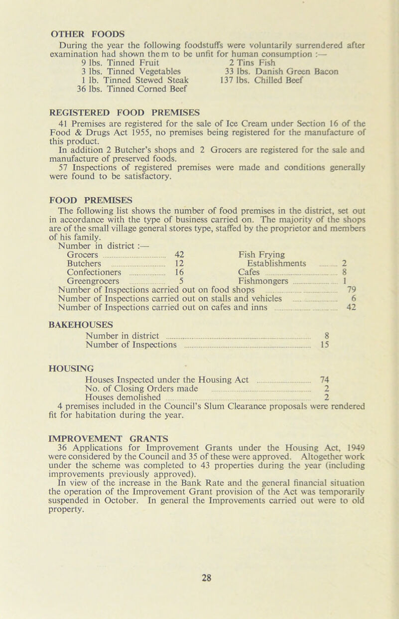 OTHER FOODS During the year the following foodstuffs were voluntarily surrendered after examination had shown them to be unfit for human consumption :— 9 lbs. Tinned Fruit 2 Tins Fish 3 lbs. Tinned Vegetables 33 lbs. Danish Green Bacon 1 lb. Tinned Stewed Steak 137 lbs. Chilled Beef 36 lbs. Tinned Corned Beef REGISTERED FOOD PREMISES 41 Premises are registered for the sale of Ice Cream under Section 16 of the Food & Drugs Act 1955, no premises being registered for the manufacture of this product. In addition 2 Butcher’s shops and 2 Grocers are registered for the sale and manufacture of preserved foods. 57 Inspections of registered premises were made and conditions generally were found to be satisfactory. FOOD PREMISES The following list shows the number of food premises in the district, set out in accordance with the type of business carried on. The majority of the shops are of the small village general stores type, staffed by the proprietor and members of his family. Number in district :— Grocers 42 Fish Frying Butchers 12 Establishments ....... 2 Confectioners 16 Cafes 8 Greengrocers 5 Fishmongers 1 Number of Inspections acrried out on food shops 79 Number of Inspections carried out on stalls and vehicles 6 Number of Inspections carried out on cafes and inns 42 BAKEHOUSES Number in district Number of Inspections HOUSING Houses Inspected under the Housing Act 74 No. of Closing Orders made 2 Houses demolished 2 4 premises included in the Council’s Slum Clearance proposals were rendered fit for habitation during the year. 8 15 IMPROVEMENT GRANTS 36 Applications for Improvement Grants under the Housing Act, 1949 were considered by the Council and 35 of these were approved. Altogether work under the scheme was completed to 43 properties during the year (including improvements previously approved). In view of the increase in the Bank Rate and the general financial situation the operation of the Improvement Grant provision of the Act was temporarily suspended in October. In general the Improvements carried out were to old property.