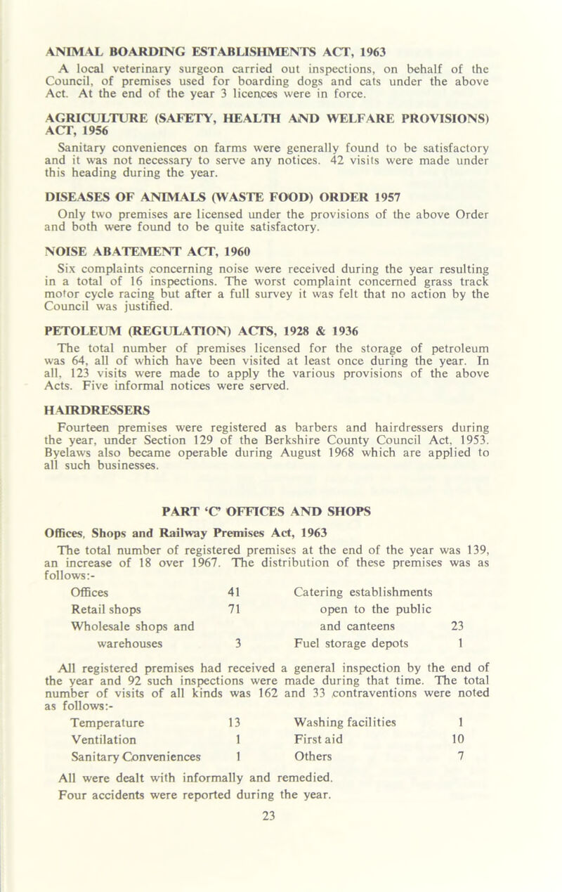 ANIMAL BOARDING ESTABLISHMENTS ACT, 1963 A local veterinary surgeon carried out inspections, on behalf of the Council, of premises used for boarding dogs and cats under the above Act. At the end of the year 3 licences were in force. AGRICULTURE (SAFETY, HEALTH AND WELFARE PROVISIONS) ACT, 1956 Sanitary conveniences on farms were generally found to be satisfactory and it was not necessary to serve any notices. 42 visits were made under this heading during the year. DISE ASES OF ANIM ALS (WASTE FOOD) ORDER 1957 Only two premises are licensed under the provisions of the above Order and both were found to be quite satisfactory. NOISE AB ATEMENT ACT, 1960 Six complaints concerning noise were received during the year resulting in a total of 16 inspections. The worst complaint concerned grass track motor cycle racing but after a full survey it was felt that no action by the Council was justified. PETOLEUM (REGULATION) ACTS, 1928 & 1936 The total number of premises licensed for the storage of petroleum was 64, all of which have been visited at least once during the year. In all, 123 visits were made to apply the various provisions of the above Acts. Five informal notices were served. HAIRDRESSERS Fourteen premises were registered as barbers and hairdressers during the year, under Section 129 of the Berkshire County Council Act, 1953. Byelaws also became operable during August 1968 which are applied to all such businesses. PART ‘C OFFICES AND SHOPS Offices, Shops and Railway Premises Act, 1963 The total number of registered premises at the end of the year was 139, an increase of 18 over 1967. The distribution of these premises was as follows:- 41 Catering establishments 71 open to the public and canteens 23 3 Fuel storage depots 1 Offices Retail shops Wholesale shops and warehouses All registered premises had received a general inspection by the end of the year and 92 such inspections were made during that time. The total number of visits of all kinds was 162 and 33 contraventions were noted as follows:- Temperature 13 Washing facilities 1 Ventilation 1 First aid 10 Sanitary Conveniences 1 Others 7 All were dealt with informally and remedied. Four accidents were reported during the year.