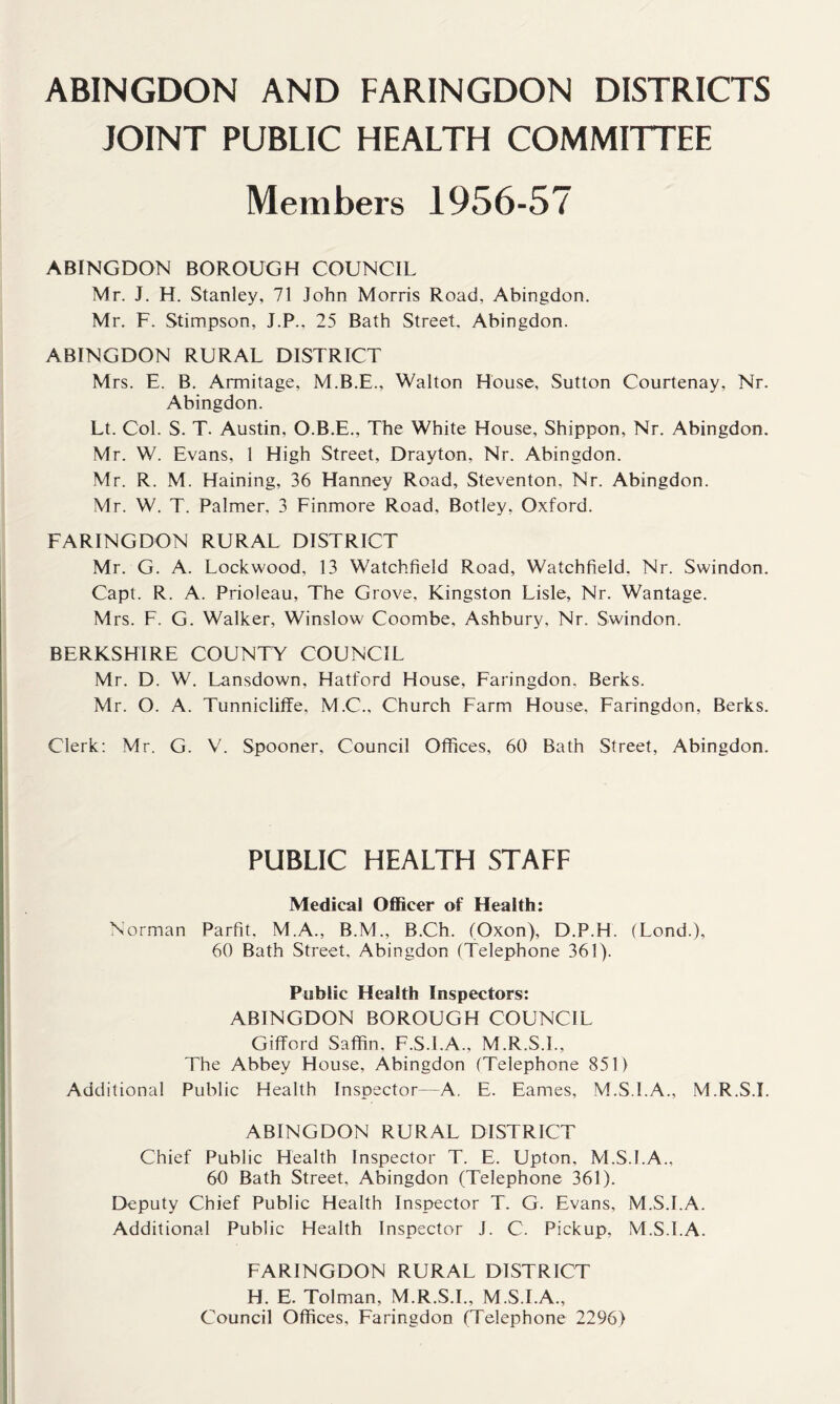 ABINGDON AND FARINGDON DISTRICTS JOINT PUBLIC HEALTH COMMITTEE Members 1956-57 ABINGDON BOROUGH COUNCIL Mr. J. H. Stanley, 71 John Morris Road, Abingdon. Mr. F. Stimpson, J.P., 25 Bath Street. Abingdon. ABINGDON RURAL DISTRICT Mrs. E. B. Armitage, M.B.E., Walton House, Sutton Courtenay, Nr. Abingdon. Lt. Col. S. T. Austin, O.B.E., The White House, Shippon, Nr. Abingdon. Mr. W. Evans, 1 High Street, Drayton, Nr. Abingdon. Mr. R. M. Haining, 36 Hanney Road, Steventon, Nr. Abingdon. Mr. W. T. Palmer, 3 Finmore Road, Botley, Oxford. FARINGDON RURAL DISTRICT Mr. G. A. Lockwood, 13 Watchfield Road, Watchfield, Nr. Swindon. Capt. R. A. Prioleau, The Grove, Kingston Lisle, Nr. Wantage. Mrs. F. G. Walker, Winslow Coombe, Ashbury, Nr. Swindon. BERKSHIRE COUNTY COUNCIL Mr. D. W. Lansdown, Hatford House, Faringdon, Berks. Mr. O. A. Tunnicliffe, M.C., Church Farm House, Faringdon, Berks. Clerk; Mr. G. V. Spooner, Council Offices, 60 Bath Street, Abingdon. PUBLIC HEALTH STAFF Medical Officer of Health: Norman Parfit, M.A., B.M., B.Ch. (Oxon), D.P.H. (Lond.), 60 Bath Street, Abingdon (Telephone 361). Public Health Inspectors: ABINGDON BOROUGH COUNCIL Gifford Saffin, F.S.l.A., M.R.S.I., The Abbey House, Abingdon (Telephone 851) Additional Public Health Inspector—A. E. Eames, M.S.I.A., M.R.S.L ABINGDON RURAL DISTRICT Chief Public Health Inspector T. E. Upton, M.S.I.A., 60 Bath Street, Abingdon (Telephone 361). Deputy Chief Public Health Inspector T. G. Evans, M.S.I.A. Additional Public Health Inspector J. C. Pickup, M.S.I.A. FARINGDON RURAL DISTRICT H. E. Tolman, M.R.S.L, M.S.I.A., Council Offices, Faringdon (Telephone 2296)