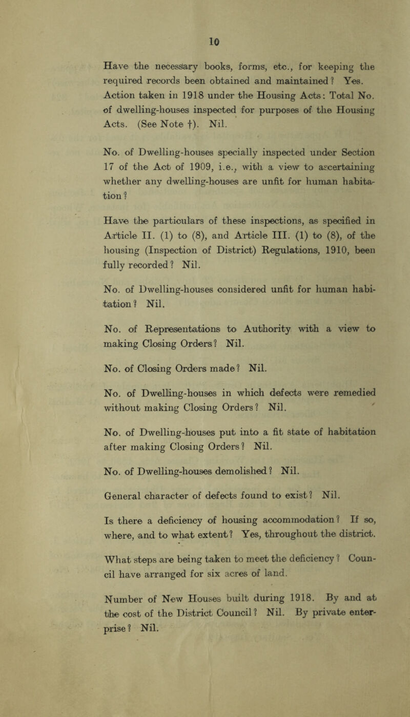 Have the necessary books, forms, etc., for keeping the required records been obtained and maintained ? Yes. Action taken in 1918 under the Housing Acts: Total No. of dwelling-houses inspected for purposes of the Housing Acts. (See Note f). Nil. No. of Dwelling-houses specially inspected under Section 17 of the Act of 1909, i.e., with a view to ascertaining whether any dwelling-houses are unfit for human habita- tion ? Have the particulars of these inspections, as specified in Article II. (1) to (8), and Article III. (1) to (8), of the housing (Inspection of District) Regulations, 1910, been fully recorded ? Nil. No. of Dwelling-houses considered unfit for human habi- tation? Nil. No. of Representations^ to Authority with a view to making Closing Orders? Nil. No. of Closing Orders made? Nil. No. of Dwelling-houses in which defects were remedied without making Closing Orders? Nil. No. of Dwelling-houses put into a fit state of habitation after making Closing Orders? Nil. No. of Dwelling-houses demolished? Nil. General character of defects found to exist? Nil. Is there a deficiency of housing accommodation? If so, where, and to what extent? Yes, throughout the district. What steps are being taken to meet the deficiency ? Coun- cil have arranged for six acres of land. Number of New Houses built during 1918. By and at the cost of the District Council? Nil. By private enter- prise? Nil.