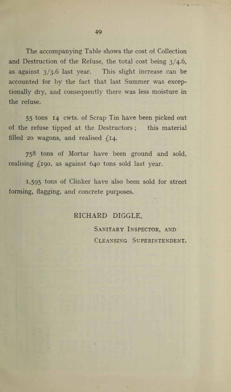 The accompanying Table shows the cost of Collection and Destruction of the Refuse, the total cost being 3/4.6, as against 3/3.6 last year. This slight increase can be accounted for by the fact that last Summer was excep- tionally dry, and consequently there was less moisture in the refuse. 55 tons 14 cwts. of Scrap Tin have been picked out of the refuse tipped at the Destructors ; this material filled 20 wagons, and realised £14. 758 tons of Mortar have been ground and sold, realising £190, as against 640 tons sold last year. 1,595 tons of Clinker have also been sold for street forming, flagging, and concrete purposes. RICHARD DIGGLE, Sanitary Inspector, and Cleansing Superintendent.