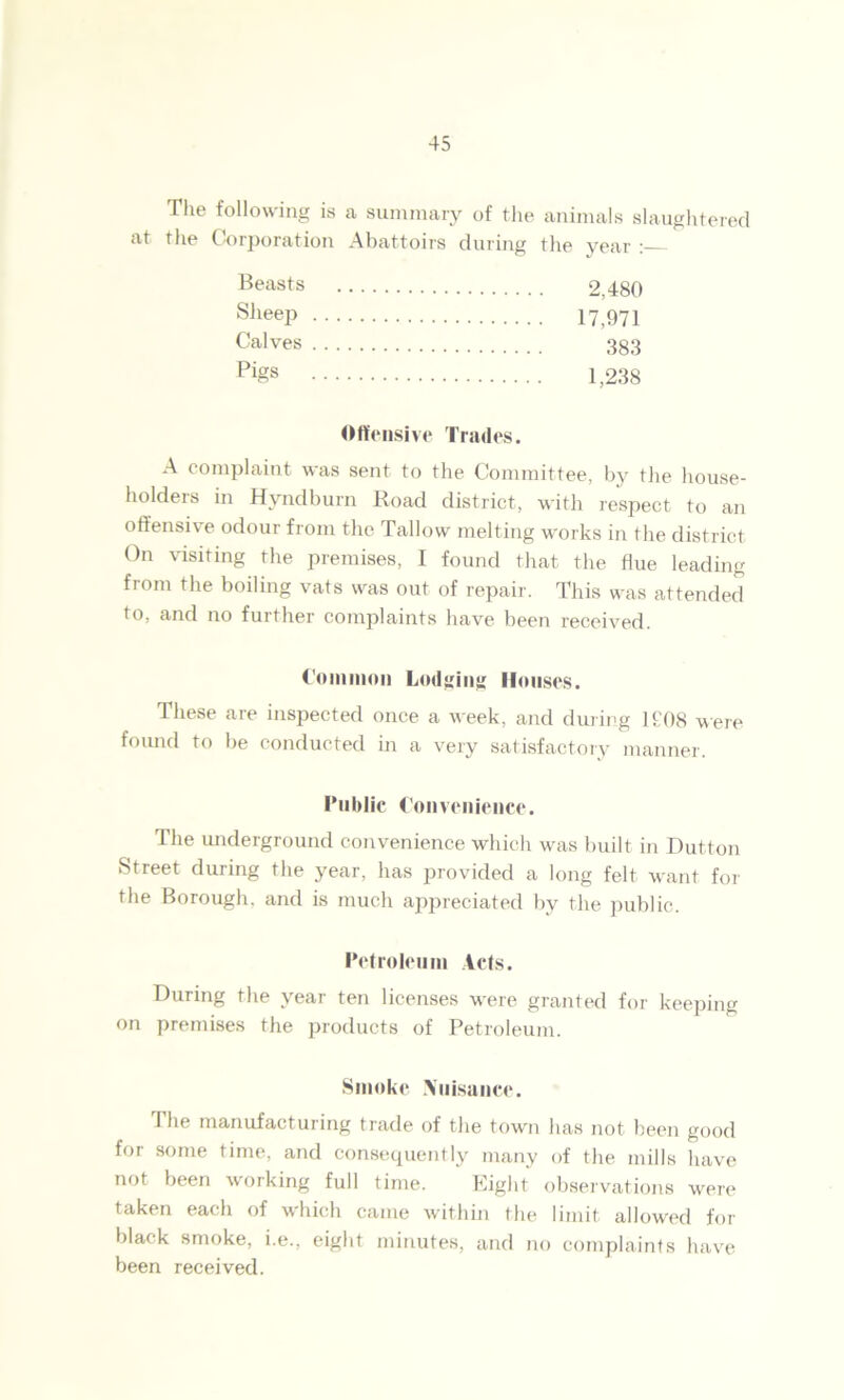 The following is a summary of the animals slaughtered at the Corporation Abattoirs during the year : Beasts Sheep Calves Pigs Offensive Trades. A complaint was sent to the Committee, by the house- holders in Hyndburn Road district, with respect to an offensive odour from the Tallow melting works in the district On visiting the premises, I found that the flue leading from the boiling vats was out of repair. This was attended to, and no further complaints have been received. Common Lodging Houses. These are inspected once a week, and during 1?08 were found to be conducted in a very satisfactory manner. Public Convenience. The underground convenience which was built in Dutton Street during the year, has provided a long felt want for the Borough, and is much appreciated by the public. Petroleum Acts. During the year ten licenses were granted for keeping on premises the products of Petroleum. Smoke \uisance. T he manufacturing trade of the town has not been good for some time, and consequently many of the mills have not been working full time. Eight observations were taken each of w^hich came within the limit allowed for black smoke, i.e., eight minutes, and no complaints have been received.