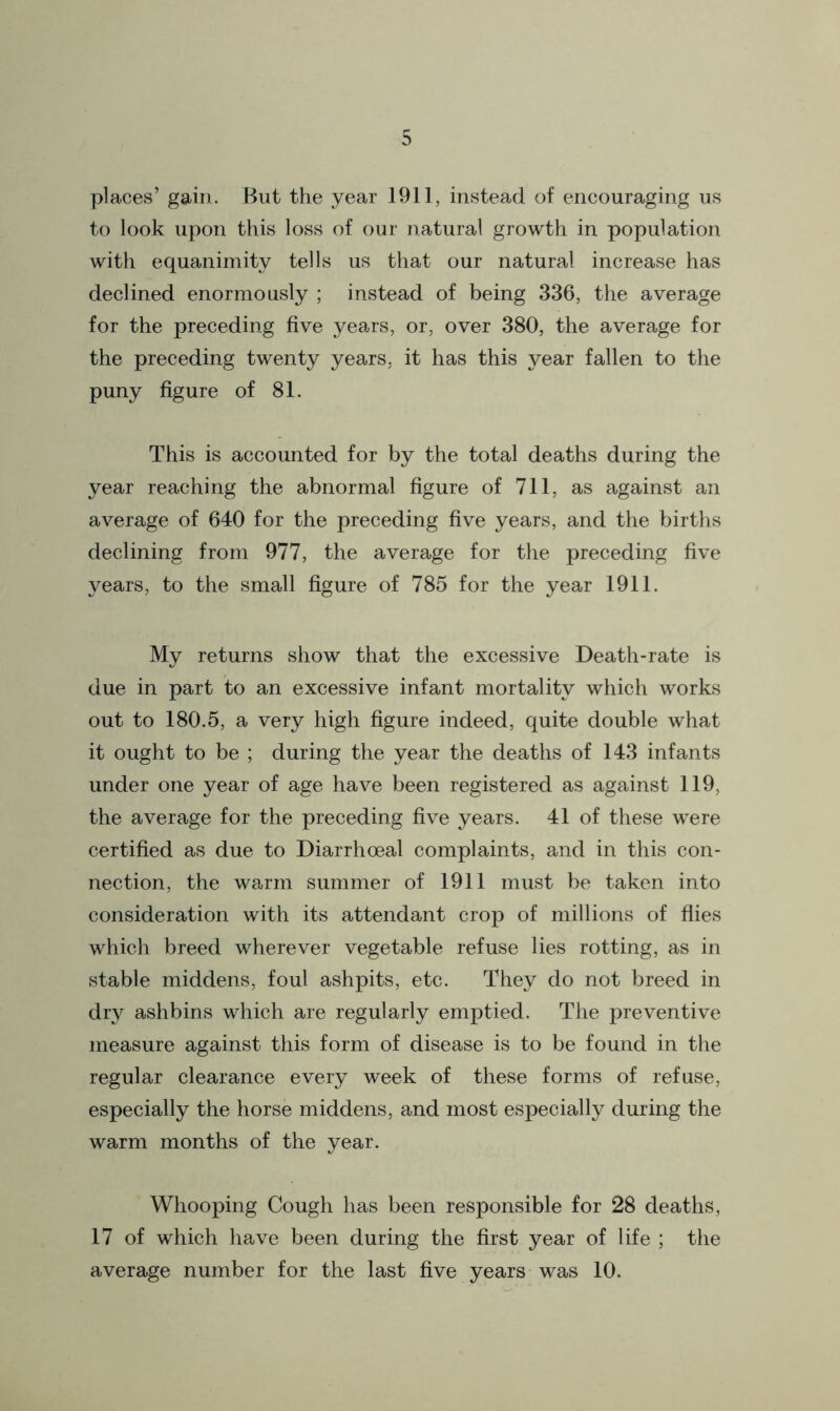 places’ gain. But the year 1911, instead of encouraging us to look upon this loss of our natural growth in population with equanimity tells us that our natural increase has declined enormously ; instead of being 336, the average for the preceding five years, or, over 380, the average for the preceding twenty years, it has this year fallen to the puny figure of 81. This is accounted for by the total deaths during the year reaching the abnormal figure of 711, as against an average of 640 for the preceding five years, and the births declining from 977, the average for the preceding five years, to the small figure of 785 for the year 1911. My returns show that the excessive Death-rate is due in part to an excessive infant mortality which works out to 180.5, a very high figure indeed, quite double what it ought to be ; during the year the deaths of 143 infants under one year of age have been registered as against 119, the average for the preceding five years. 41 of these were certified as due to Diarrhoeal complaints, and in this con- nection, the warm summer of 1911 must be taken into consideration with its attendant crop of millions of flies which breed wherever vegetable refuse lies rotting, as in stable middens, foul ashpits, etc. They do not breed in dry ashbins which are regularly emptied. The preventive measure against this form of disease is to be found in the regular clearance every week of these forms of refuse, especially the horse middens, and most especially during the warm months of the year. Whooping Cough has been responsible for 28 deaths, 17 of which have been during the first year of life ; the average number for the last five years was 10.