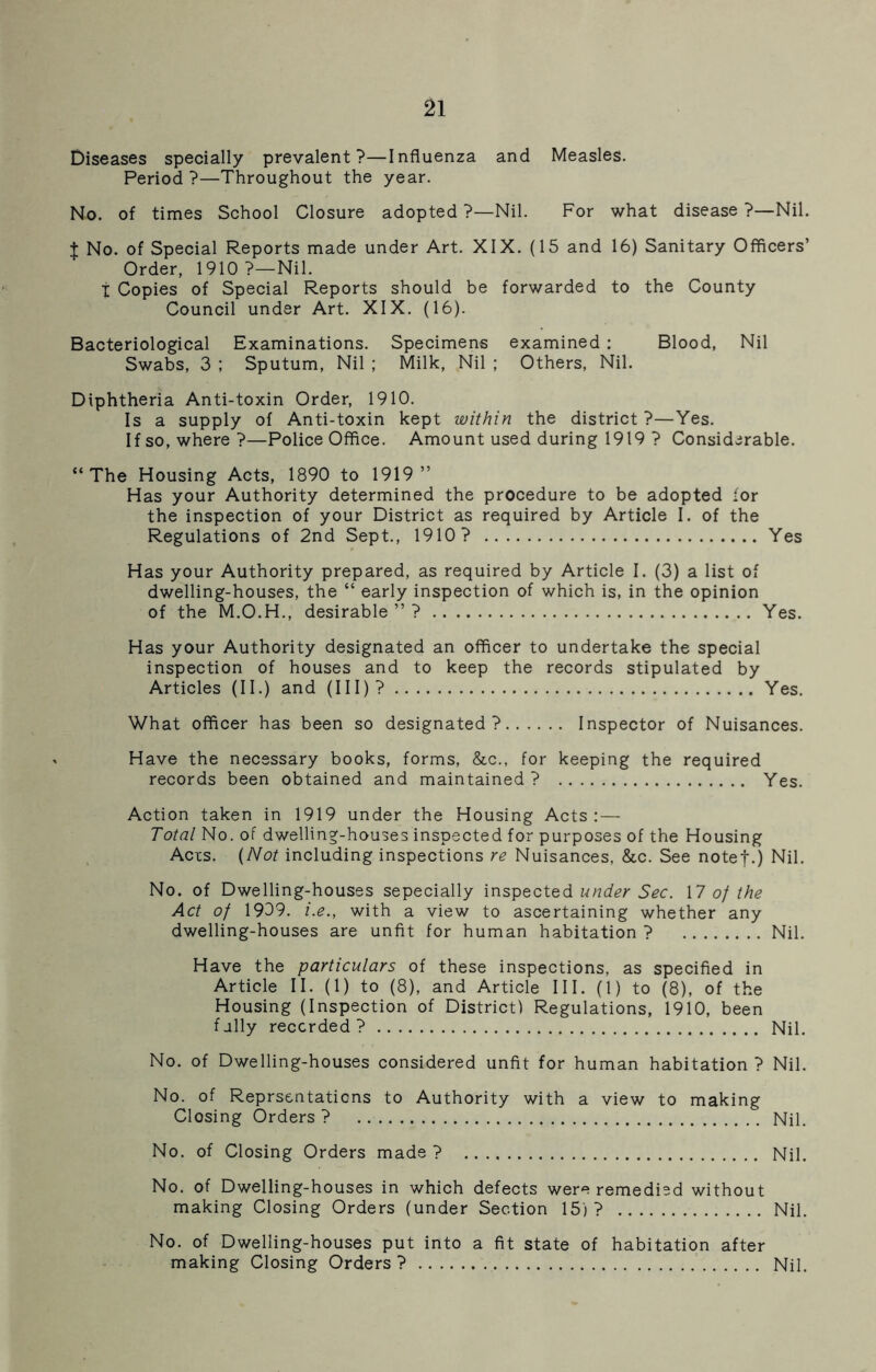 Diseases specially prevalent?—Influenza and Measles. Period?—Throughout the year. No. of times School Closure adopted ?—Nil. For what disease ?—Nil. { No. of Special Reports made under Art. XIX. (15 and 16) Sanitary Officers’ Order, 1910 ?—Nil. X Copies of Special Reports should be forwarded to the County Council under Art. XIX. (16). Bacteriological Examinations. Specimens examined : Blood, Nil Swabs, 3 ; Sputum, Nil ; Milk, Nil ; Others, Nil. Diphtheria Anti-toxin Order, 1910. Is a supply of Anti-toxin kept within the district?—Yes. If so, where ?—Police Office. Amount used during 1919 ? Considerable. “The Housing Acts, 1890 to 1919” Has your Authority determined the procedure to be adopted ior the inspection of your District as required by Article I. of the Regulations of 2nd Sept., 1910? Yes Has your Authority prepared, as required by Article I. (3) a list of dwelling-houses, the “ early inspection of which is, in the opinion of the M.O.H., desirable”? Yes. Has your Authority designated an officer to undertake the special inspection of houses and to keep the records stipulated by Articles (II.) and (III)? Yes. What officer has been so designated? Inspector of Nuisances. Have the necessary books, forms, &c., for keeping the required records been obtained and maintained ? Yes. Action taken in 1919 under the Housing Acts:—• Total No. of dwelling-houses inspected for purposes of the Housing Acxs. (Not including inspections re Nuisances, &c. See notef.) Nil. No. of Dwelling-houses sepecially inspected under Sec. 17 of the Act of 1939. i.e., with a view to ascertaining whether any dwelling-houses are unfit for human habitation ? Nil. Have the particulars of these inspections, as specified in Article II. (1) to (8), and Article III. (1) to (8), of the Housing (Inspection of District) Regulations, 1910, been fully recorded? Nil. No. of Dwelling-houses considered unfit for human habitation ? Nil. No. of Reprsentaticns to Authority with a view to making Closing Orders? Nil. No. of Closing Orders made ? Nil. No. of Dwelling-houses in which defects were remedied without making Closing Orders (under Section 15) ? Nil. No. of Dwelling-houses put into a fit state of habitation after making Closing Orders? Nil.