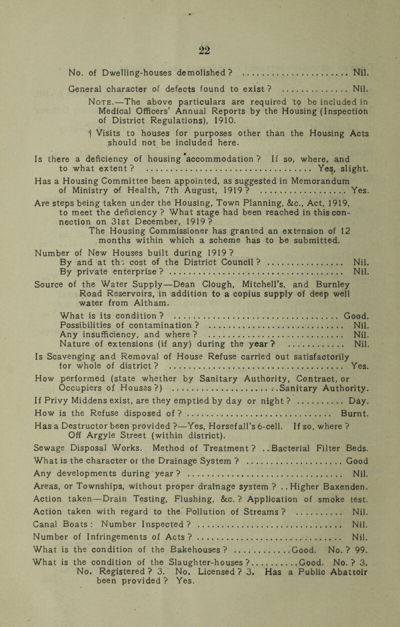 No. of Dwelling-houses demolished? Nil. General character of defects found to exist ? ... Nil. Note.—The above particulars are required to be included in Medical Officers' Annual Reports by the Housing (Inspection of District Regulations), 1910. i Visits to houses for purposes other than the Housing Acts should not be included here. Is there a deficiency of housing accommodation? If so, where, and to what extent? Yes, slight. Has a Housing Committee been appointed, as suggested in Memorandum of Ministry of Health, 7th August, 1919? Yes. Are steps being taken under the Housing, Town Planning, &c., Act, 1919, to meet the deficiency ? What stage had been reached in this con- nection on 31st December, 1919? The Housing Commissioner has granted an extension of 12 months within which a scheme has to be submitted. Number of New Houses built during 1919? By and at thz cost of the District Council ? Nil. By private enterprise ? Nil. Source of the Water Supply—Dean Clough, Mitchell’s, and Burnley Road Reservoirs, in addition to a copius supply of deep well water from Altham. What is its condition ? Good. Possibilities of contamination ? Nil. Any insufficiency, and where ? Nil. Nature of extensions (if any) during the year ? Nil. Is Scavenging and Removal of House Refuse carried out satisfactorily for whole of district? Yes. How performed (state whether by Sanitary Authority, Contract, or Occupiers of Houses?) Sanitary Authority. If Privy Middens exist, are they emptied by day or night? Day. How is the Refuse disposed of ? Burnt. Has a Destructor been provided ?—Yes, Horsefall’s 6-cell. If so, where ? Off Argyle Street (within district). Sewage Disposal Works. Method of Treatment? ..Bacterial Filter Beds. What is the character or the Drainage System ? Good Any developments during year ? Nil. Areas, or Townships, without proper drainage system ? ..Higher Baxenden. Action taken—Drain Testing, Flushing, &c. ? Application of smoke test. Action taken with regard to the Pollution of Streams ? Nil. Canal Boats: Number Inspected? Nil. Number of Infringements of Acts ? Nil. What is the condition of the Bakehouses? Good. No.? 99. What is the condition of the Slaughter-houses? Good. No.? 3. No. Registered? 3. No. Licensed? 3. Has a Public Abattoir been provided ? Yes.