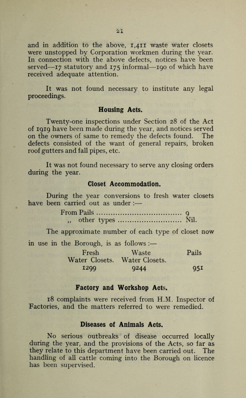 and in addition to the above, 1,411 waste water closets were unstopped by Corporation workmen during the year. In connection with the above defects, notices have been served—17 statutory and 175 informal—190 of which have received adequate attention. It was not found necessary to institute any legal proceedings. Housing Acts. Twenty-one inspections under Section 28 of the Act of 1919 have been made during the year, and notices served on the owners of same to remedy the defects found. The defects consisted of the want of general repairs, broken roof gutters and fall pipes, etc. It was not found necessary to serve any closing orders during the year. Closet Accommodation. During the year conversions to fresh water closets have been carried out as under :— From Pails 9 ,, other types Nil. The approximate number of each type of closet now in use in the Borough, is as follows :— Fresh Waste Pails Water Closets. Water Closets. 1299 9244 951 Factory and Workshop Acts. 18 complaints were received from H.M. Inspector of Factories, and the matters referred to were remedied. Diseases of Animals Acts. No serious outbreaks of disease occurred locally during the year, and the provisions of the Acts, so far as they relate to this department have been carried out. The handling of all cattle coming into the Borough on licence has been supervised.