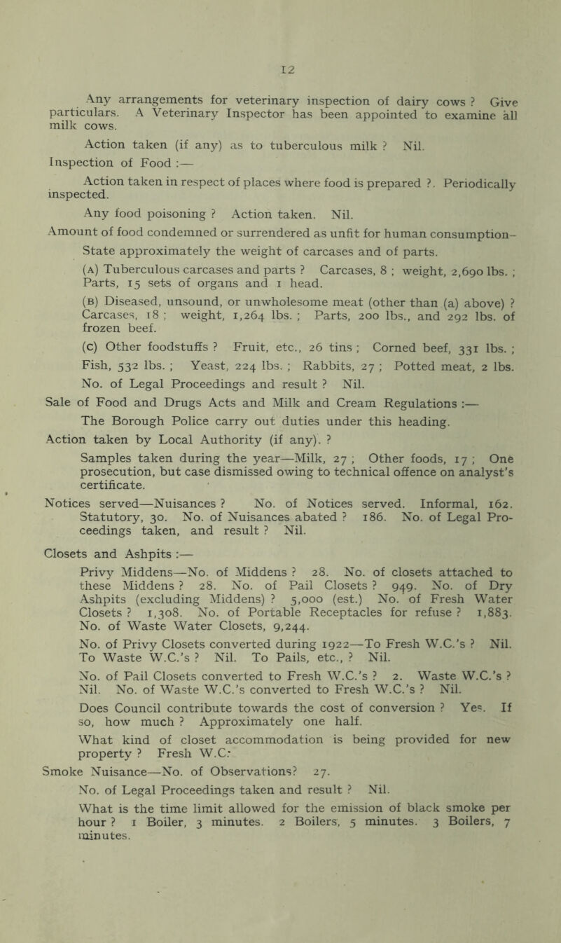 Any arrangements for veterinary inspection of dairy cows ? Give particulars. A Veterinary Inspector has been appointed to examine all milk cows. Action taken (if any) as to tuberculous milk ? Nil. Inspection of Food :— Action taken in respect of places where food is prepared ?. Periodically inspected. Any food poisoning ? Action taken. Nil. Amount of food condemned or surrendered as unfit for human consumption- State approximately the weight of carcases and of parts. (a) Tuberculous carcases and parts ? Carcases, 8 ; weight, 2,690 lbs. ; Parts, 15 sets of organs and 1 head. (b) Diseased, unsound, or unwholesome meat (other than (a) above) ? Carcases, 18 ; weight, 1,264 lbs. ; Parts, 200 lbs., and 292 lbs. of frozen beef. (c) Other foodstuffs ? Fruit, etc., 26 tins ; Corned beef, 331 lbs. ; Fish, 532 lbs. ; Yeast, 224 lbs. ; Rabbits, 27 ; Potted meat, 2 lbs. No. of Legal Proceedings and result ? Nil. Sale of Food and Drugs Acts and Milk and Cream Regulations :— The Borough Police carry out duties under this heading. Action taken by Local Authority (if any). ? Samples taken during the year—Milk, 27 ; Other foods, 17 ; One prosecution, but case dismissed owing to technical offence on analyst's certificate. Notices served—Nuisances ? No. of Notices served. Informal, 162. Statutory, 30. No. of Nuisances abated ? 186. No. of Legal Pro- ceedings taken, and result ? Nil. Closets and Ashpits :— Privy Middens—No. of Middens ? 28. No. of closets attached to these Middens ? 28. No. of Pail Closets ? 949. No. of Dry Ashpits (excluding Middens)? 5,000 (est.) No. of Fresh Water Closets ? 1,308. No. of Portable Receptacles for refuse ? 1,883. No. of Waste Water Closets, 9,244. No. of Privy Closets converted during 1922—To Fresh W.C.’s ? Nil. To Waste W.C.’s ? Nil. To Pails, etc., ? Nil. No. of Pail Closets converted to Fresh W.C.’s ? 2. Waste W.C.’s ? Nil. No. of Waste W.C.’s converted to Fresh W.C.’s ? Nil. Does Council contribute towards the cost of conversion ? Ye«. If so, how much ? Approximately one half. What kind of closet accommodation is being provided for new property ? Fresh W.C.* Smoke Nuisance—No. of Observations? 27. No. of Legal Proceedings taken and result ? Nil. What is the time limit allowed for the emission of black smoke per hour ? 1 Boiler, 3 minutes. 2 Boilers, 5 minutes. 3 Boilers, 7 minutes.