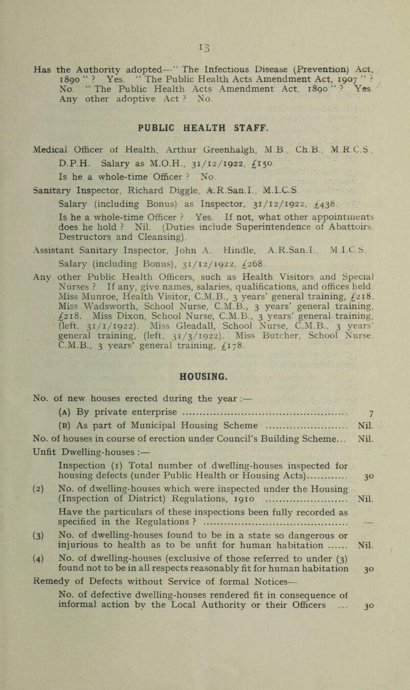 Has the Authority adopted—“ The Infectious Disease (Prevention) Act, 1890 ” ? Yes. “ The Public Health Acts Amendment Act, 1907 ” ? No. “ The Public Health Acts Amendment Act, 1890 ” ? Yes Any other adoptive Act ? No PUBLIC HEALTH STAFF. Medical Officer of Health, Arthur Greenhalgh, M B., Ch.B M R C.S., D.P.H. Salary as M.O.H., 31/12/1922, £150 Is he a whole-time Officer ? No Sanitary Inspector, Richard Diggle, A.R.San.I., M.I.C.S Salary (including Bonus) as Inspector, 31/12/1922, £438. Is he a whole-time Officer ? Yes. If not, what other appointments does he hold ? Nil. (Duties include Superintendence of Abattoirs, Destructors and Cleansing). Assistant Sanitary Inspector, John A. Hindle, A.R.San.I., M.I.C.S Salary (including Bonus), 31/12/1922, ^268. Any other Public Health Officers, such as Health Visitors and Special Nurses ? If any, give names, salaries, qualifications, and offices held Miss Munroe, Health Visitor, C.M.B., 3 years’ general training, ^218. Miss Wadsworth, School Nurse, C.M.B., 3 years’ general training, £218. Miss Dixon, School Nurse, C.M.B., 3 years’ general training, (left, 31/1/1922). Miss Gleadall, School Nurse, C.M.B., 3 years’ general training, (left, 31/3/1922). Miss Butcher, School Nurse. C.M.B., 3 years' general training, ^178. HOUSING. No. of new houses erected during the year :— (a) By private enterprise 7 (b) As part of Municipal Housing Scheme Nil. No. of houses in course of erection under Council’s Building Scheme... Nil. Unfit Dwelling-houses :— Inspection (1) Total number of dwelling-houses inspected for housing defects (under Public Health or Housing Acts) 30 (2) No. of dwelling-houses which were inspected under the Housing (Inspection of District) Regulations, 1910 Nil. Have the particulars of these inspections been fully recorded as specified in the Regulations ? — (3) No. of dwelling-houses found to be in a state so dangerous or injurious to health as to be unfit for human habitation Nil. (4) No. of dwelling-houses (exclusive of those referred to under (3) found not to be in all respects reasonably fit for human habitation 30 Remedy of Defects without Service of formal Notices— No. of defective dwelling-houses rendered fit in consequence of informal action by the Local Authority or their Officers ... 30
