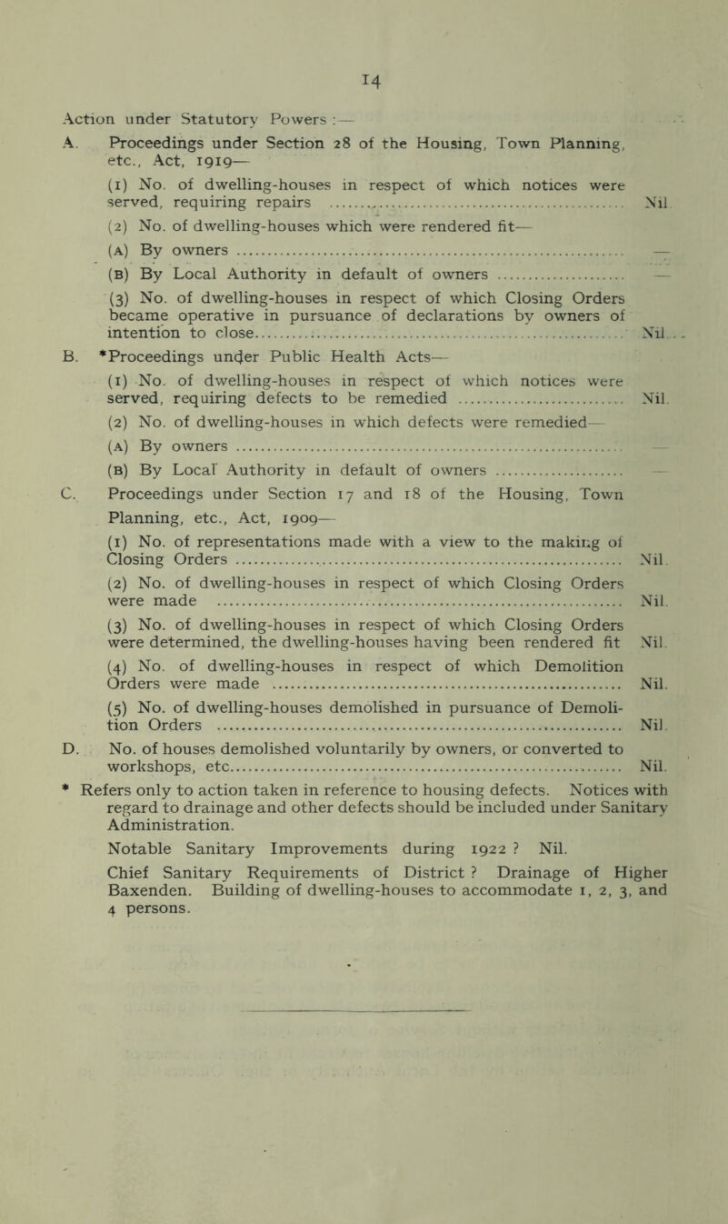 Action under Statutory Powers : — A. Proceedings under Section 28 of the Housing, Town Planning, etc., Act, 1919— (1) No. of dwelling-houses in respect of which notices were served, requiring repairs „... Nil (2) No. of dwelling-houses which were rendered fit— (a) By owners — (b) By Local Authority in default of owners — (3) No. of dwelling-houses in respect of which Closing Orders became operative in pursuance of declarations by owners of intention to close .Nil.. B. *Proceedings uncfer Public Health Acts— (1) No. of dwelling-houses in respect of which notices were served, requiring defects to be remedied Nil. (2) No. of dwelling-houses in which defects were remedied— (a) By owners (b) By Local' Authority in default of owners C. Proceedings under Section 17 and 18 of the Housing, Town Planning, etc., Act, 1909— (1) No. of representations made with a view to the making of Closing Orders Nil (2) No. of dwelling-houses in respect of which Closing Orders were made Nil. (3) No. of dwelling-houses in respect of which Closing Orders were determined, the dwelling-houses having been rendered fit Nil. (4) No. of dwelling-houses in respect of which Demolition Orders were made Nil. (5) No. of dwelling-houses demolished in pursuance of Demoli- tion Orders Nil. D. No. of houses demolished voluntarily by owners, or converted to workshops, etc Nil. * Refers only to action taken in reference to housing defects. Notices with regard to drainage and other defects should be included under Sanitary Administration. Notable Sanitary Improvements during 1922 ? Nil. Chief Sanitary Requirements of District ? Drainage of Higher Baxenden. Building of dwelling-houses to accommodate 1, 2, 3, and 4 persons.