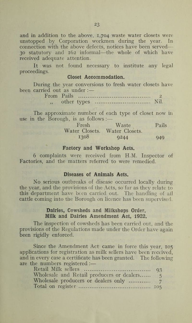 and in addition to the above, 1,704 waste water closets were unstopped by Corporation workmen during the year. In connection with the above defects, notices have been served— 30 statutory and 162 informal—the whole of which have received adequate attention. It was not found necessary to institute any legal proceedings. Closet Accommodation. During the year conversions to fresh water closets have been carried out as under :— From Pails 2 ,, other types Nil. The approximate number of each type of closet now in use in the Borough, is as follows :— Fresh Waste Pails Water Closets. Water Closets. 1308 9244 949 Factory and Workshop Acts. 6 complaints were received from H.M. Inspector of Factories, and the matters referred to were remedied. Diseases of Animals Acts. No serious outbreaks of disease occurred locally during the year, and the provisions of the Acts, so far as they relate to this department have been carried out. The handling of all cattle coming into the Borough on licence has been supervised. Dairies, Cowsheds and Milkshops Order. Milk and Dairies Amendment Act, 1922. The inspection of cowsheds has been carried out, and the provisions of the Regulations made under the Order have again been rigidly enforced. Since the Amendment Act came in force this year, 105 applications for registration as milk sellers have been received, and in every case a certificate has been granted. The following are the numbers registered :— Retail Milk sellers 93 Wholesale and Retail producers or dealers 5 Wholesale producers or dealers only 7 Total on register 105