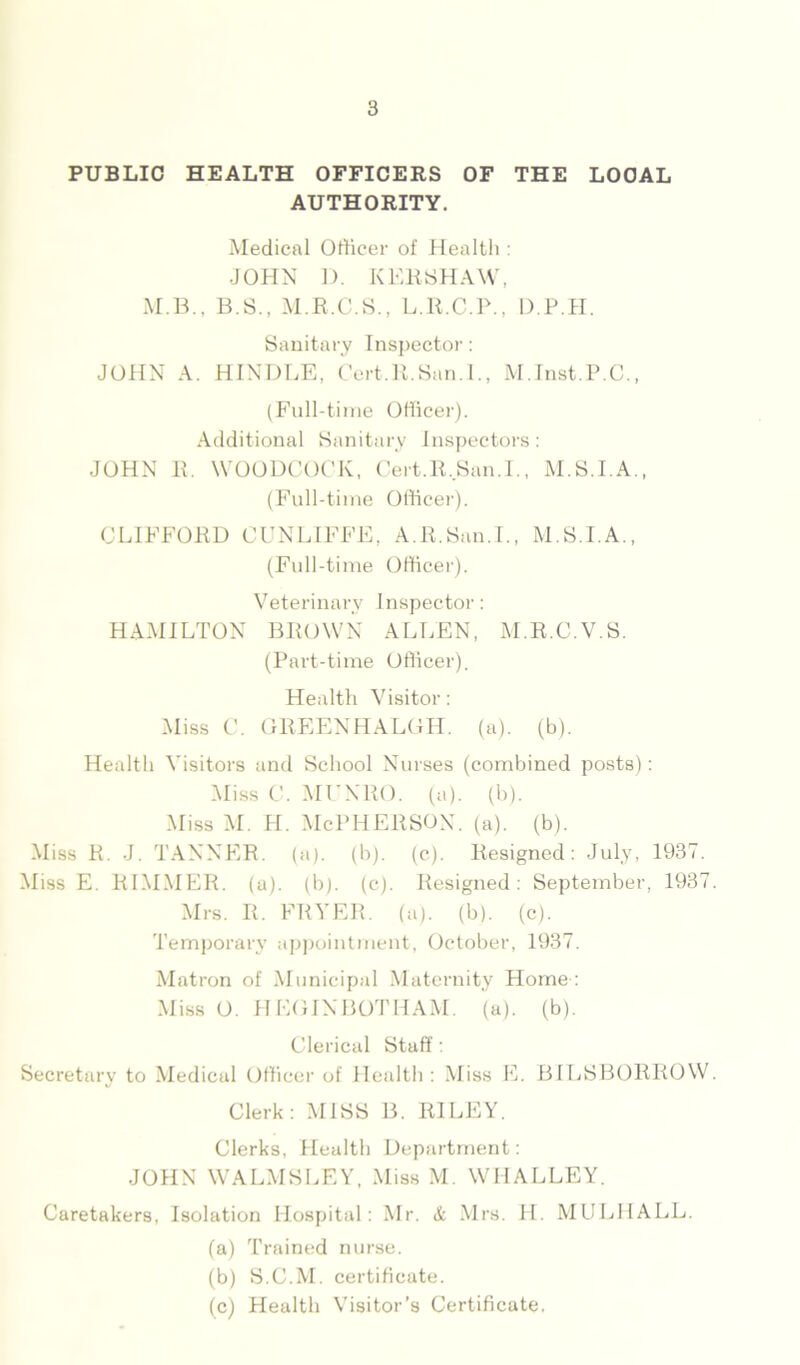 PUBLIC HEALTH OFFICERS OF THE LOCAL AUTHORITY. Medical Officer of Health : JOHN D. KERSHAW, M.B., B.S., M.R.C.S., L.R.C.P., D.P.H. Sanitary Inspector: JOHN A. HINDLE, Cert.R.San.L, M.Inst.P C., (Full-time Officer). Additional Sanitary Inspectors: JOHN IE WOODCOCK, Cert.R.San.L, M.S.I.A., (Full-time Officer). CLIFFORD CUNLIFFE, A.R.San.I., M.S.I.A., (Full-time Officer). Veterinary Inspector: HAMILTON BROWN ALLEN, M.R.C.V.S. (Part-time Officer). Health Visitor: Miss C. GREENHALGH. (a), (b). Health Visitors and School Nurses (combined posts): Miss C. MUNRO. (a), (b). Miss m. h. McPherson, (a), (b). Miss R. J. TANNER, (a), (b). (c). Resigned: July, 1937. Miss E. RIMMER. (a), (b). (c). Resigned: September, 1937 Mrs. R. FRYER, (a), (b). (c). Temporary appointment, October, 1937. Matron of Municipal Maternity Home: Miss O. HEGINBOTHAM. (a), (b). Clerical Staff: Secretary to Medical Officer of Health : Miss E. BILSBORROW Clerk: MISS B. RILEY. Clerks, Health Department: JOHN WALMSLEY, Miss M. WIIALLEY. Caretakers, Isolation Hospital: Mr. & Mrs. H. MULHALL. (a) Trained nurse. (b) S.C.M. certificate. (c) Health Visitor’s Certificate.