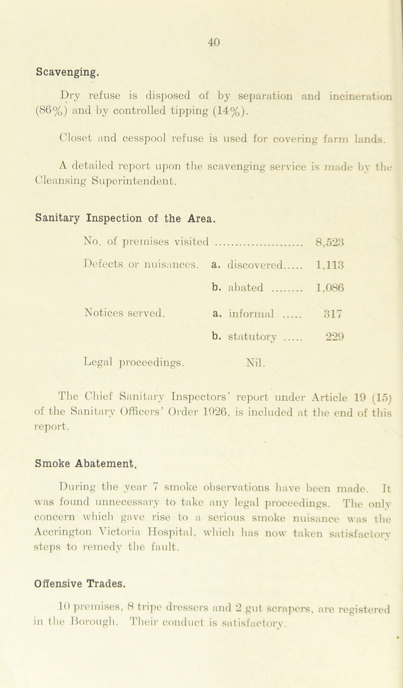Scavenging. Dry refuse is disposed of by separation and incineration (86%) and by controlled tipping (14%). Closet and cesspool refuse is used for covering farm lands. A detailed report upon the scavenging service is made by the Cleansing Superintendent. Sanitary Inspection of the Area. No. of premises visited 8.523 Defects or nuisances, a. discovered 1.113 b. abated 1.086 Notices served. a. informal 317 b. statutory 229 Legal proceedings. Nil. The Chief Sanitary Inspectors’ report under Article 19 (15) of the Sanitary Officers’ Order 1926. is included at the end of this report. Smoke Abatement. During the year 7 smoke observations have been made. It was found unnecessary to take any legal proceedings. The onlv concern which gave rise to a serious smoke nuisance was the Accrington Victoria Hospital, which has now taken satisfactory steps to remedy the fault. Offensive Trades. 10 premises, 8 tripe dressers and 2 gut scrapers, are registered in the Borough. Their conduct is satisfactory.