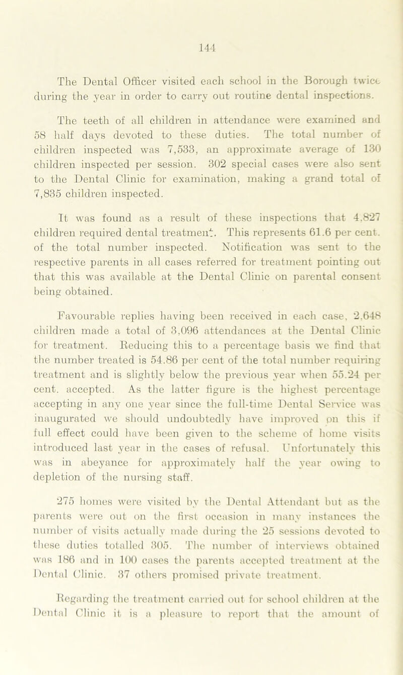 The Dental Officer visited each school in the Borough twice during the year in order to carry out routine dental inspections. The teeth of all children in attendance were examined and 58 half days devoted to these duties. The total number of children inspected was 7,533, an approximate average of 130 children inspected per session. 302 special cases were also sent to the Dental Clinic for examination, making a grand total of 7,835 children inspected. It was found as a result of these inspections that 4.827 children required dental treatment. This represents 61.6 per cent, of the total number inspected. Notification was sent to the respective parents in all cases referred for treatment pointing out that this was available at the Dental Clinic on parental consent being obtained. Favourable replies having been received in each case, 2.648 children made a total of 3,096 attendances at the Dental Clinic for treatment. Deducing this to a percentage basis we find that the number treated is 54.86 per cent of the total number requiring treatment and is slightly below the previous year when 55.24 per cent, accepted. As the latter figure is the highest percentage accepting in any one year since the full-time Dental Service was inaugurated we should undoubtedly have improved pn this if full effect could have been given to the scheme of home visits introduced last year in the cases of refusal. Unfortunately this was in abeyance for approximately half the year owing to depletion of the nursing staff. 275 homes were visited by the Dental Attendant but as the parents were out on the first occasion in many instances the number of visits actually made during the 25 sessions devoted to these duties totalled 305. The number of interviews obtained was 186 and in 100 cases the parents accepted treatment at the Dental Clinic. 37 others promised private treatment. Regarding the treatment carried out for school children at the Dental Clinic it is a pleasure to report that the amount of