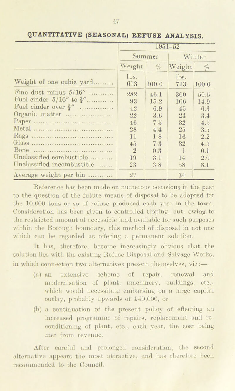 QUANTITATIVE (SEASONAL) REFUSE ANALYSIS. 1951 Summer [-52 Winter Weight 1 °/0 Weight % Weight of one cubic yard lbs. lbs. 613 100.0 713 100.0 Fine dust minus 5/16 282 46.1 360 50.5 Fuel cinder 5/16 to f 93 15.2 106 14.9 Fuel cinder over f 42 6.9 45 6.3 Organic matter 22 3.6 24 3.4 Paper 46 7.5 32 4.5 Metal 28 4.4 25 3.5 Rags 11 1.8 16 2.2 Glass 45 7.3 32 4.5 Bone 2 0.3 1 0.1 Unclassified combustible 19 3.1 14 2.0 Unclassified incombustible 23 3.8 58 8.1 Average weight per bin 27 34 Reference has been made on numerous occasions in the past to the question of the future means of disposal to be adopted for the 10,000 tons or so of refuse produced each year in the town. Consideration has been given to controlled tipping, but, owing to the restricted amount of accessible land available for such purposes within the Borough boundary, this method of disposal in not one which can be regarded as offering a permanent solution. it has, therefore, become increasingly obvious that the solution lies with the existing Refuse Disposal and Salvage Works, in which connection two alternatives present themselves, viz:— (a) an extensive scheme of repair, renewal and modernisation of plant, machinery, buildings, etc., which would necessitate embarking on a large capital outlay, probably upwards of £40,000, or (b) a continuation of the present policy of effecting an increased programme of repairs, replacement and re- conditioning of plant, etc., each year, the cost being met from revenue. After careful and prolonged consideration, the second alternative appears the most attractive, and has therefore been recommended to the Council.