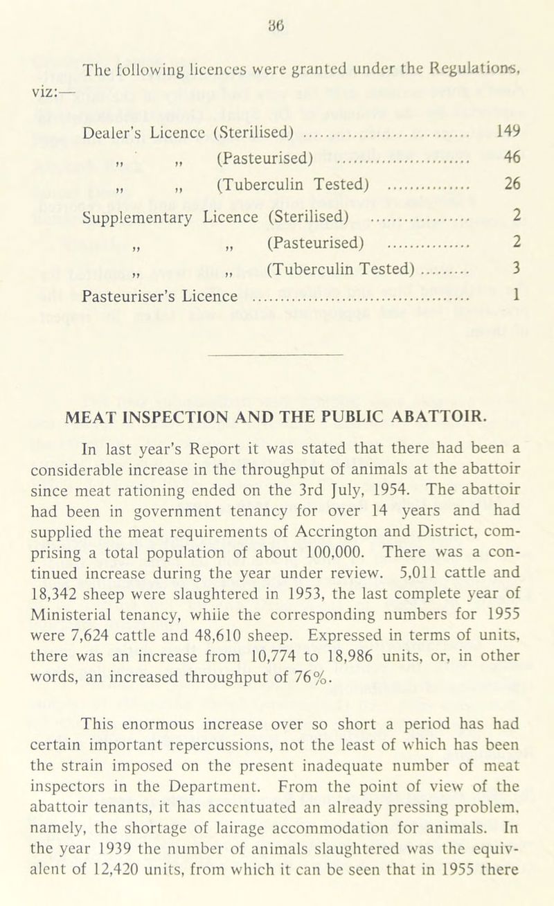 The following licences were granted under the Regulations, viz:— Dealer’s Licence (Sterilised) 149 „ „ (Pasteurised) 46 „ „ (Tuberculin Tested) 26 Supplementary Licence (Sterilised) 2 „ „ (Pasteurised) 2 „ „ (Tuberculin Tested) 3 Pasteuriser’s Licence 1 MEAT INSPECTION AND THE PUBLIC ABATTOIR. In last year’s Report it was stated that there had been a considerable increase in the throughput of animals at the abattoir since meat rationing ended on the 3rd July, 1954. The abattoir had been in government tenancy for over 14 years and had supplied the meat requirements of Accrington and District, com- prising a total population of about 100,000. There was a con- tinued increase during the year under review. 5,011 cattle and 18,342 sheep were slaughtered in 1953, the last complete year of Ministerial tenancy, white the corresponding numbers for 1955 were 7,624 cattle and 48,610 sheep. Expressed in terms of units, there was an increase from 10,774 to 18,986 units, or, in other words, an increased throughput of 76%. This enormous increase over so short a period has had certain important repercussions, not the least of which has been the strain imposed on the present inadequate number of meat inspectors in the Department. From the point of view of the abattoir tenants, it has accentuated an already pressing problem, namely, the shortage of lairage accommodation for animals. In the year 1939 the number of animals slaughtered was the equiv- alent of 12,420 units, from which it can be seen that in 1955 there