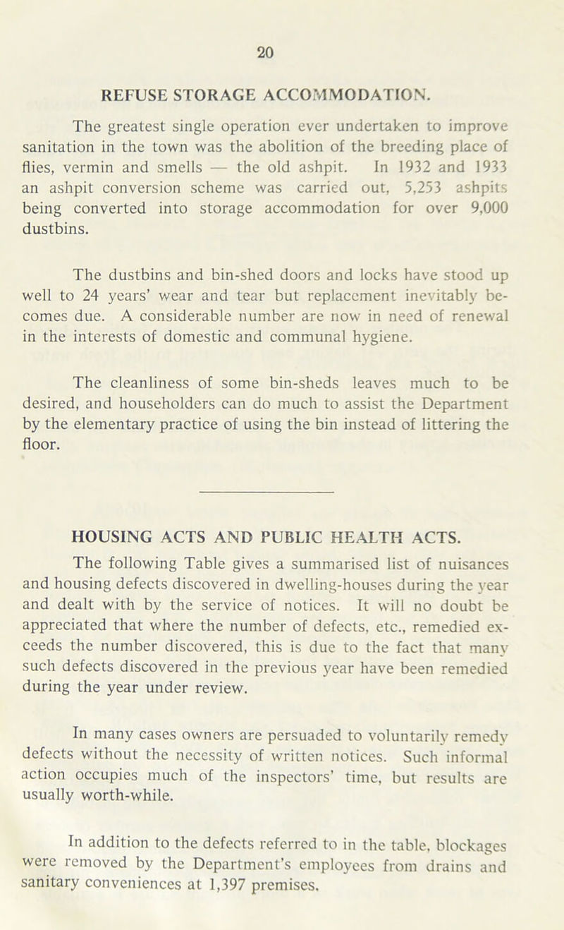 REFUSE STORAGE ACCOMMODATION. The greatest single operation ever undertaken to improve sanitation in the town was the abolition of the breeding place of flies, vermin and smells — the old ashpit. In 1932 and 1933 an ashpit conversion scheme was carried out, 5,253 ashpits being converted into storage accommodation for over 9,000 dustbins. The dustbins and bin-shed doors and locks have stood up well to 24 years’ wear and tear but replacement inevitably be- comes due. A considerable number are now in need of renewal in the interests of domestic and communal hygiene. The cleanliness of some bin-sheds leaves much to be desired, and householders can do much to assist the Department by the elementary practice of using the bin instead of littering the floor. HOUSING ACTS AND PUBLIC HEALTH ACTS. The following Table gives a summarised list of nuisances and housing defects discovered in dwelling-houses during the year and dealt with by the service of notices. It will no doubt be appreciated that where the number of defects, etc., remedied ex- ceeds the number discovered, this is due to the fact that manv such defects discovered in the previous year have been remedied during the year under review. In many cases owners are persuaded to voluntarily remedy defects without the necessity of written notices. Such informal action occupies much of the inspectors’ time, but results are usually worth-while. In addition to the defects referred to in the table, blockages were removed by the Department’s employees from drains and sanitary conveniences at 1,397 premises.