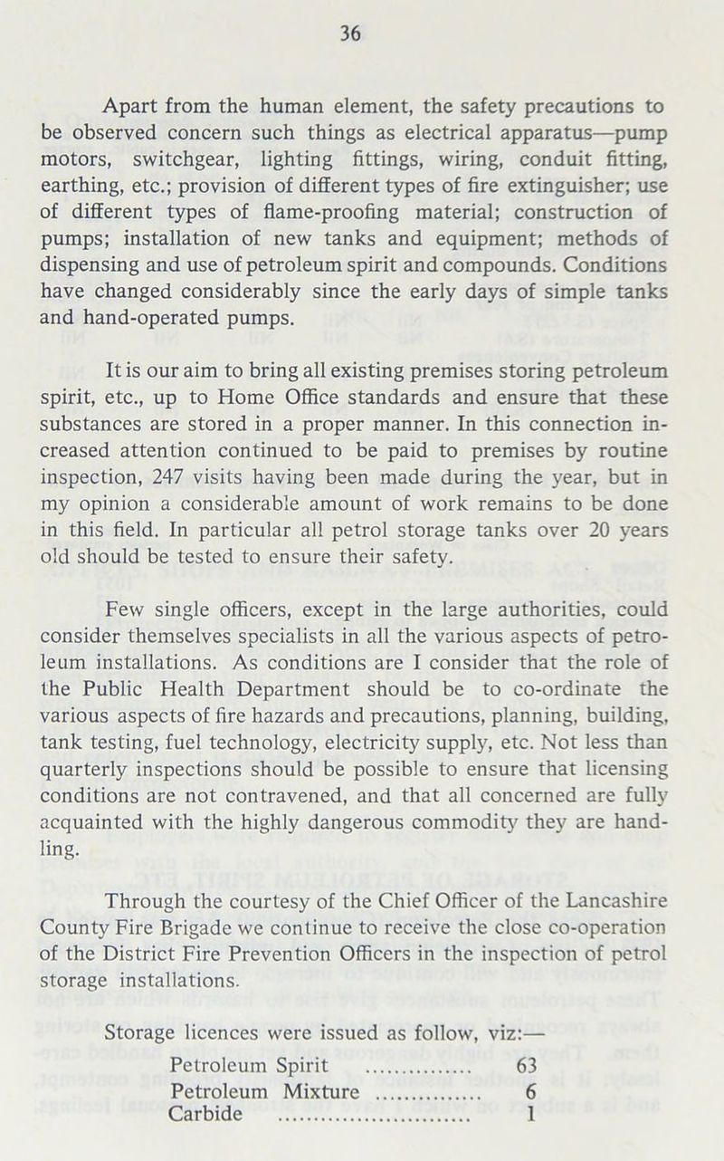 Apart from the human element, the safety precautions to be observed concern such things as electrical apparatus—pump motors, switchgear, lighting fittings, wiring, conduit fitting, earthing, etc.; provision of different types of fire extinguisher; use of different types of flame-proofing material; construction of pumps; installation of new tanks and equipment; methods of dispensing and use of petroleum spirit and compounds. Conditions have changed considerably since the early days of simple tanks and hand-operated pumps. It is our aim to bring all existing premises storing petroleum spirit, etc., up to Home Office standards and ensure that these substances are stored in a proper manner. In this connection in- creased attention continued to be paid to premises by routine inspection, 247 visits having been made during the year, but in my opinion a considerable amount of work remains to be done in this field. In particular all petrol storage tanks over 20 years old should be tested to ensure their safety. Few single officers, except in the large authorities, could consider themselves specialists in all the various aspects of petro- leum installations. As conditions are I consider that the role of the Public Health Department should be to co-ordinate the various aspects of fire hazards and precautions, planning, building, tank testing, fuel technology, electricity supply, etc. Not less than quarterly inspections should be possible to ensure that licensing conditions are not contravened, and that all concerned are fully acquainted with the highly dangerous commodity they are hand- ling. Through the courtesy of the Chief Officer of the Lancashire County Fire Brigade we continue to receive the close co-operation of the District Fire Prevention Officers in the inspection of petrol storage installations. Storage licences were issued as follow, viz:— Petroleum Spirit 63 Petroleum Mixture 6 Carbide 1