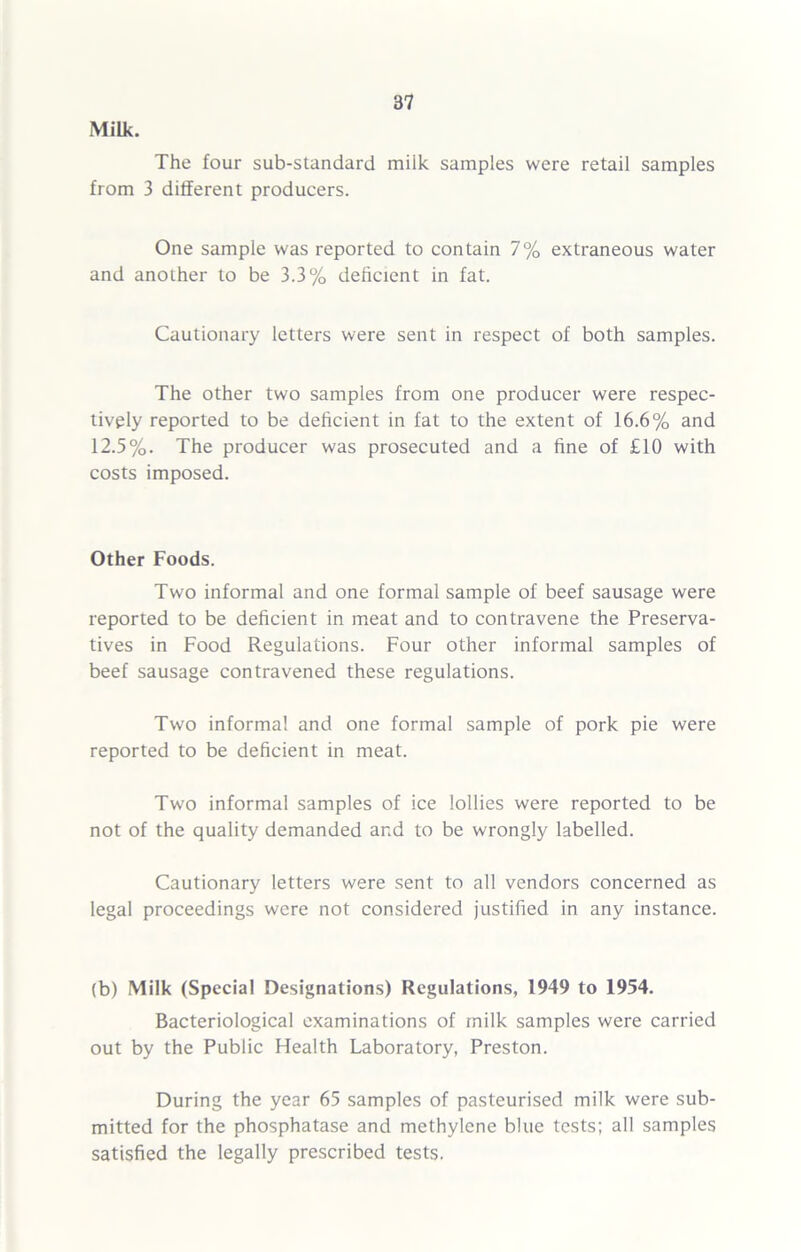 The four sub-standard milk samples were retail samples from 3 different producers. One sample was reported to contain 7% extraneous water and another to be 3.3% deficient in fat. Cautionary letters were sent in respect of both samples. The other two samples from one producer were respec- tively reported to be deficient in fat to the extent of 16.6% and 12.5%. The producer was prosecuted and a tine of £10 with costs imposed. Other Foods. Two informal and one formal sample of beef sausage were reported to be deficient in meat and to contravene the Preserva- tives in Food Regulations. Four other informal samples of beef sausage contravened these regulations. Two informal and one formal sample of pork pie were reported to be deficient in meat. Two informal samples of ice lollies were reported to be not of the quality demanded and to be wrongly labelled. Cautionary letters were sent to all vendors concerned as legal proceedings were not considered justified in any instance. (b) Milk (Special Designations) Regulations, 1949 to 1954. Bacteriological examinations of milk samples were carried out by the Public Health Laboratory, Preston. During the year 65 samples of pasteurised milk were sub- mitted for the phosphatase and methylene blue tests; all samples satisfied the legally prescribed tests.
