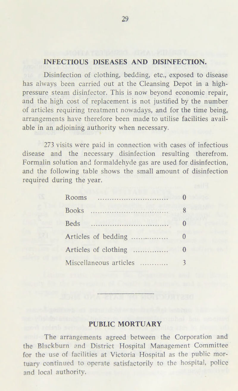 INFECTIOUS DISEASES AND DISINFECTION. Disinfection of clothing, bedding, etc., exposed to disease has always been carried out at the Cleansing Depot in a high- pressure steam disinfector. This is now beyond economic repair, and the high cost of replacement is not justified by the number of articles requiring treatment nowadays, and for the time being, arrangements have therefore been made to utilise facilities avail- able in an adjoining authority when necessary. 273 visits were paid in connection with cases of infectious disease and the necessary disinfection resulting therefrom. Formalin solution and formaldehyde gas are used for disinfection, and the following table shows the small amount of disinfection required during the year. Rooms 0 Books 8 Beds 0 Articles of bedding 0 Articles of clothing 0 Miscellaneous articles 3 PUBLIC MORTUARY The arrangements agreed between the Corporation and the Blackburn and District Hospital Management Committee for the use of facilities at Victoria Hospital as the public mor- tuary continued to operate satisfactorily to the hospital, police and local authority.